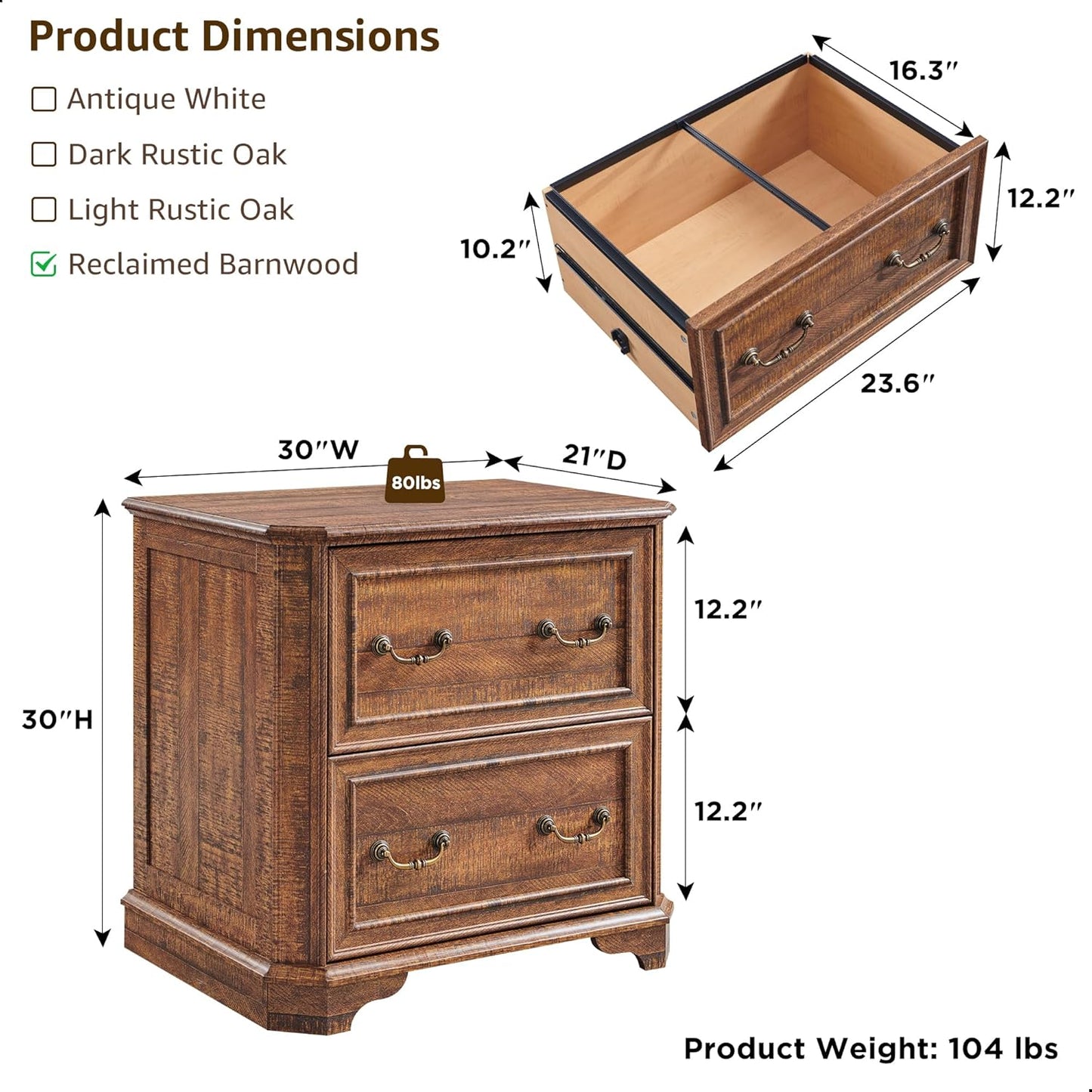T4TREAM 2 Drawer File Cabinet-30 Wide Wooden Extended Desktop, Farmhouse Filing Cabinet with Smooth Rails, Holds Letter/Legal/A4, Hexagonal Design & Framed Drawer Fronts, Reclaimed Barnwood