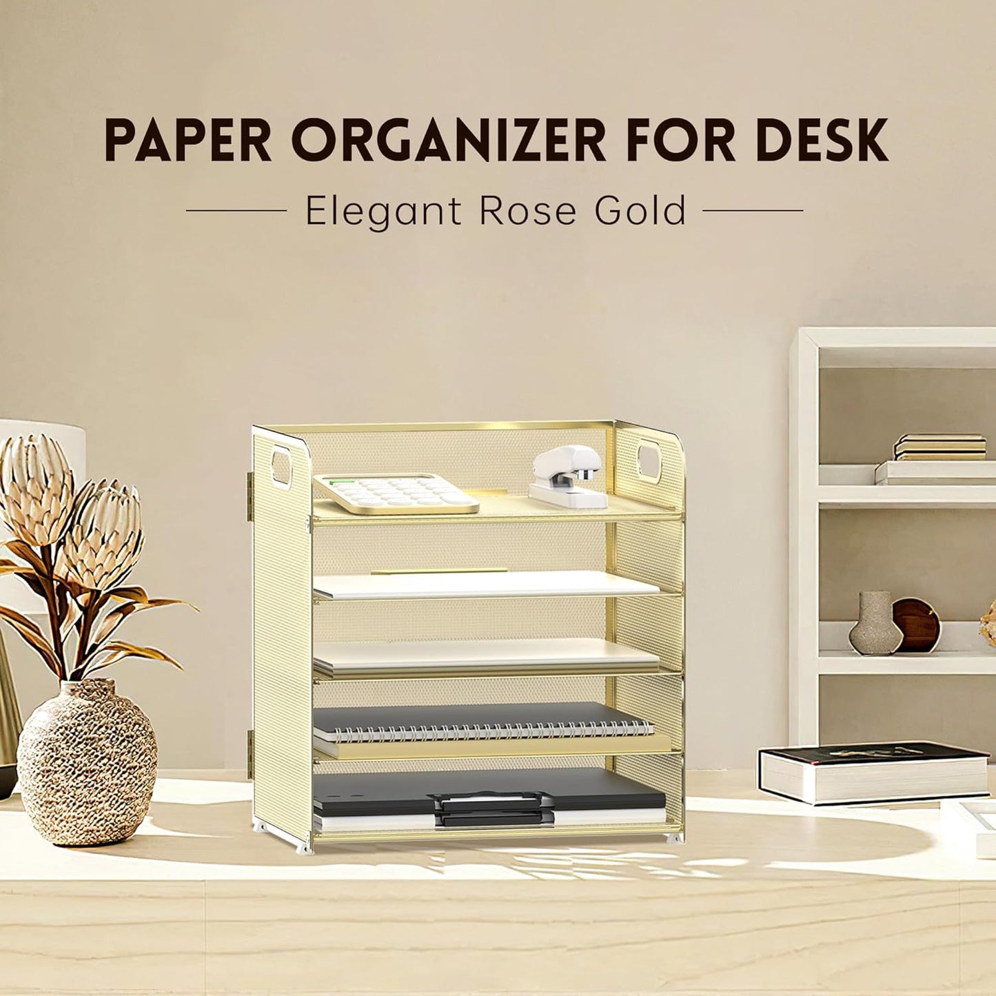Supeasy 5 Trays Paper Organizer Letter Tray with Handle-Mesh Desk File Organizer, Paper Sorter Desk Organizer for Office, Home or School (Golden)