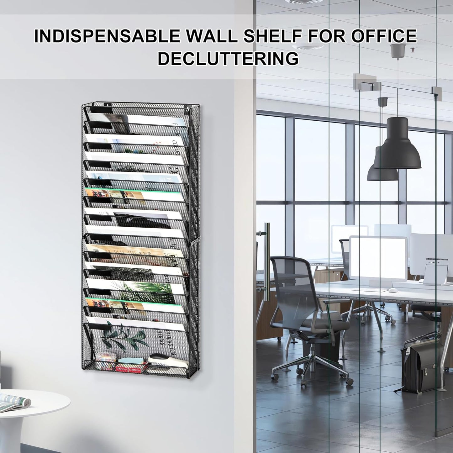 EasyPAG Wall File Holder Organizer 14 Tier Mesh Hanging Wall Mounted Document Paper Folder Filing Magazine Rack with Nametag Label for Office Home School, Black