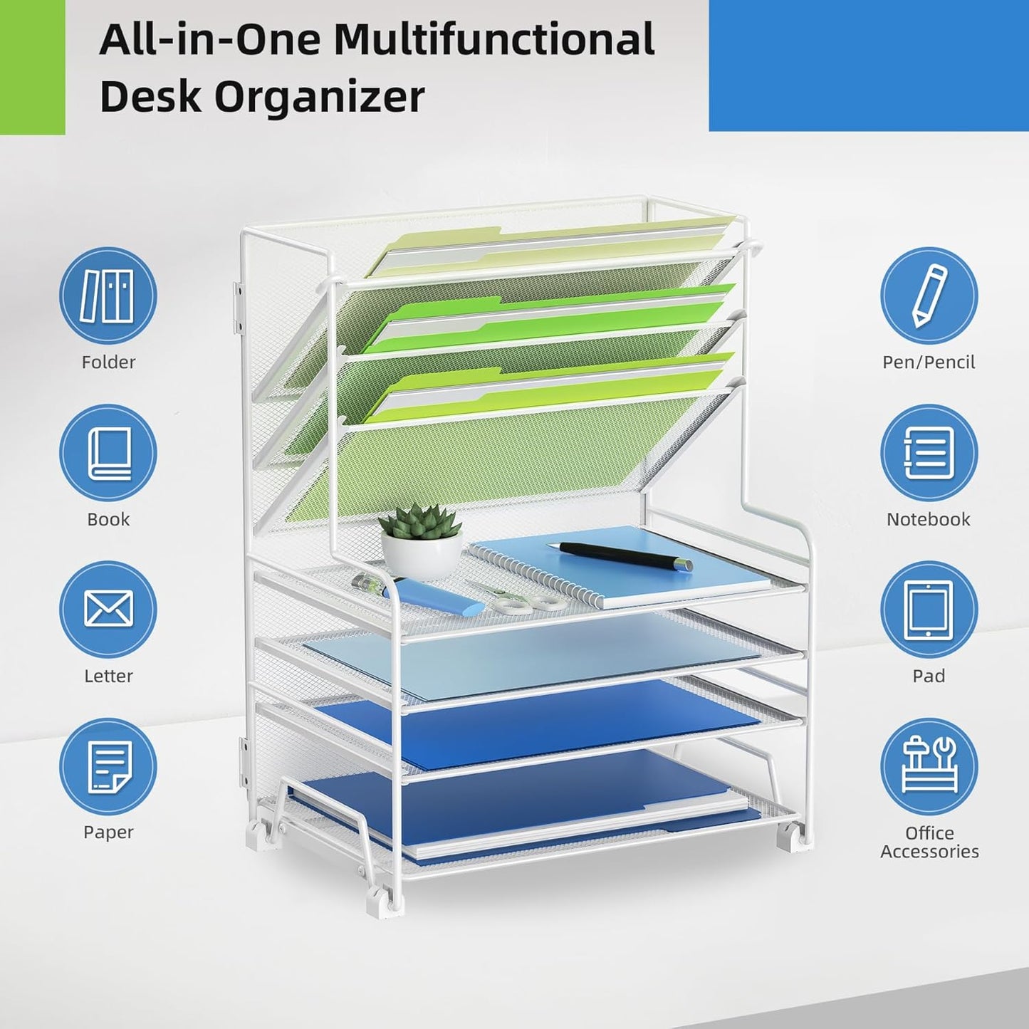 4-Tier Paper Organizer + 3-Pocket File Holder + Drawer + Pen Holders, Desktop File Organizers Paper Tray for Office Supplies School Classroom Organization (White, no Drawer & Pen Holder)