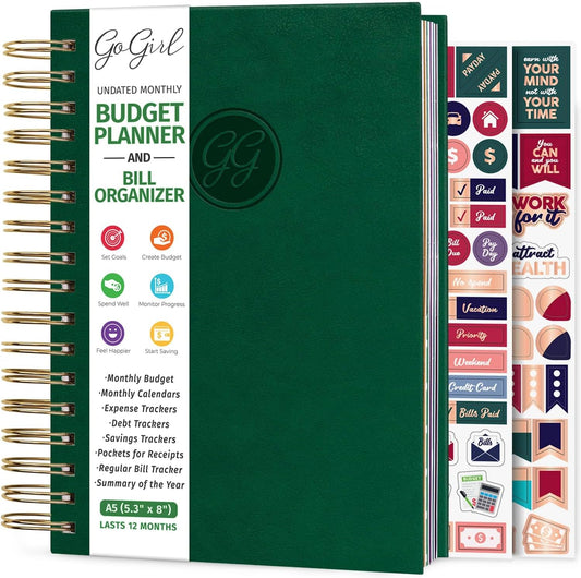 GoGirl Budget Planner & Monthly Bill Organizer – Monthly Financial Book with Pockets. Expense Tracker Notebook Journal, Compact (Dark Green)