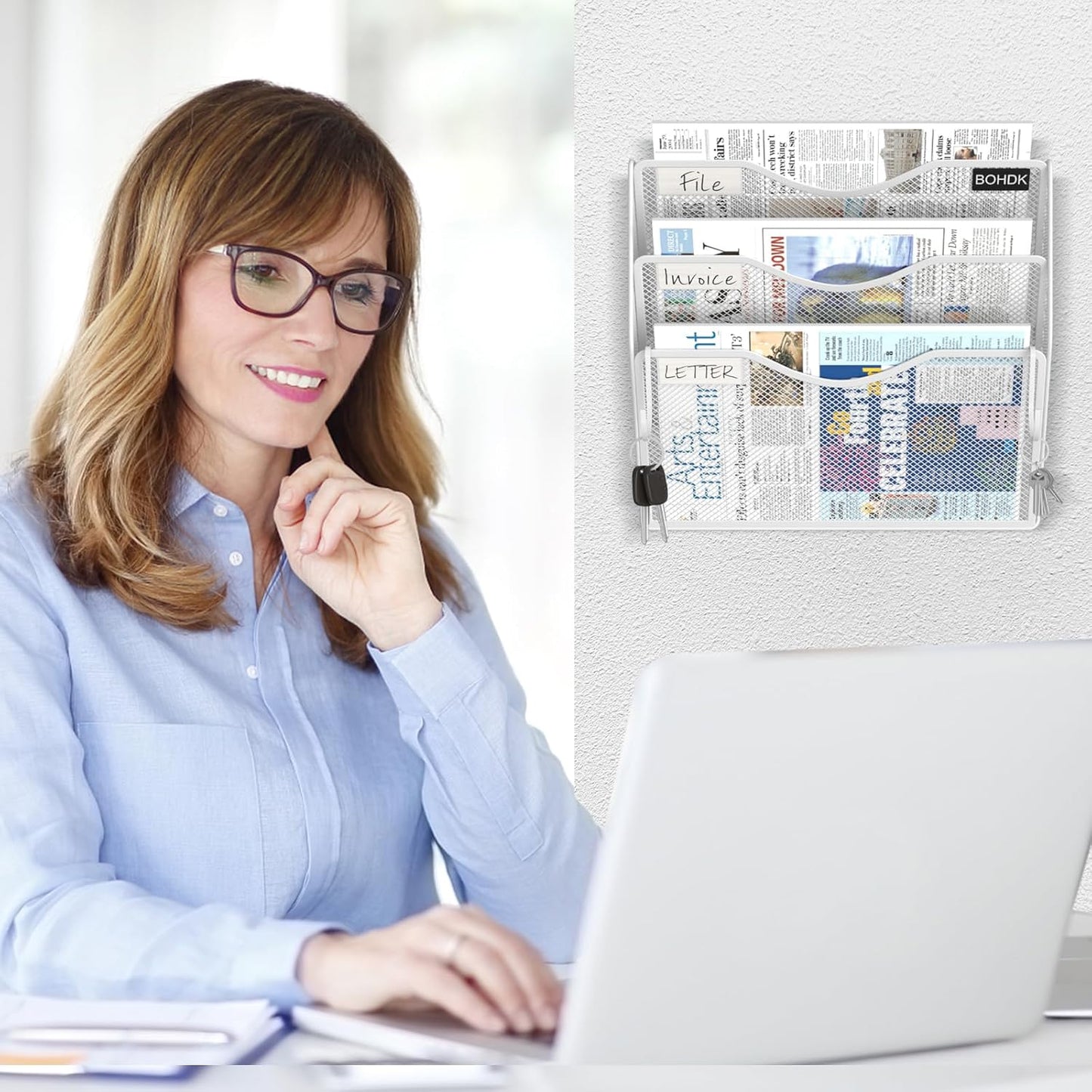 Wall File Organizer, 3 Tire Hanging File Folder Mail Organizer, Vertical Mesh Metal Door/Wall Mount Hanging File Organizer, Paper Document Magazine Rack with Hooks for Home Office White