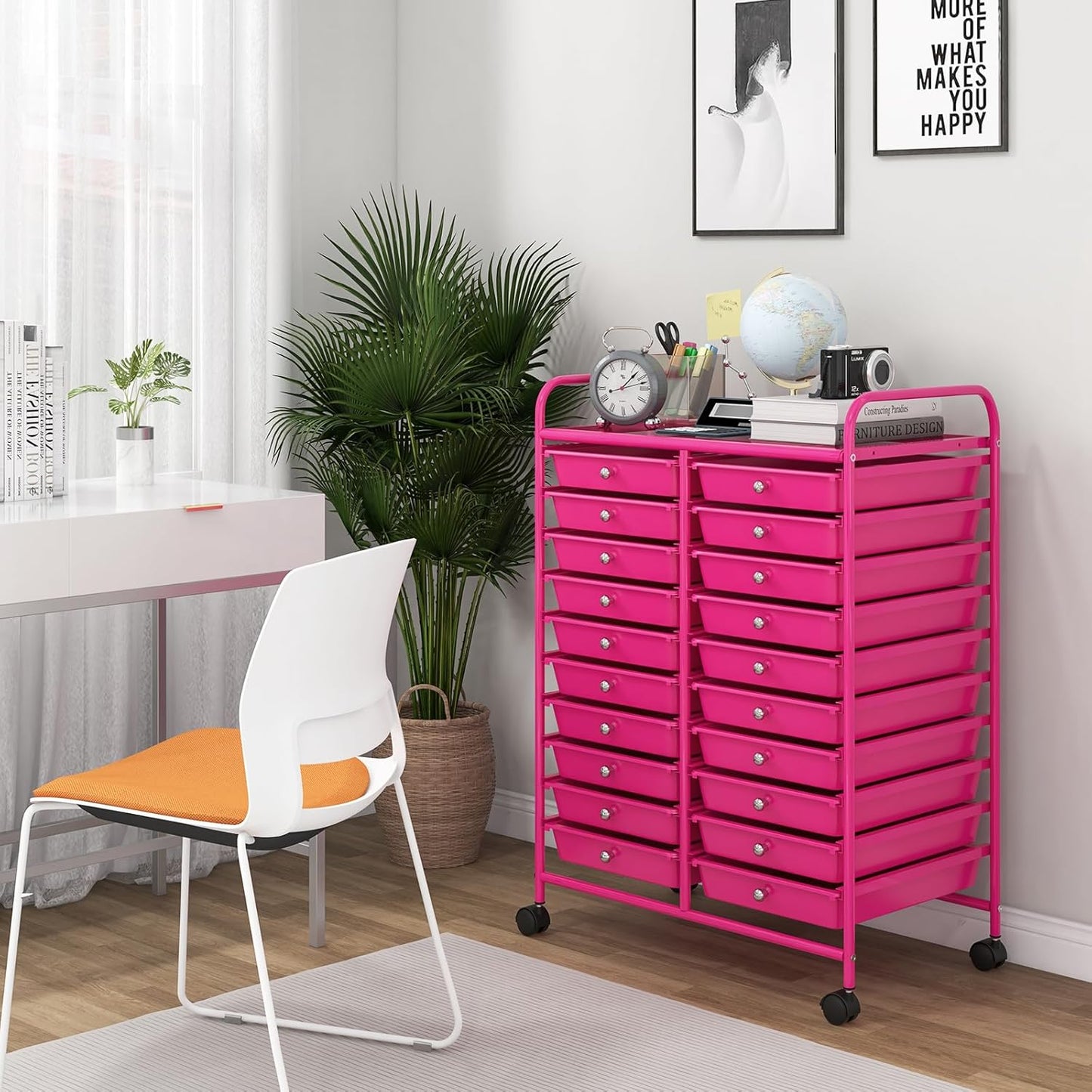 Giantex 20 Drawers Rolling Cart, Mobile Storage Drawer Cart, Classroom Organizer for Office School Supplies Teacher Tools Scrapbook Paper Craft Small Printer, Utility Stand on Wheels, Hot Pink