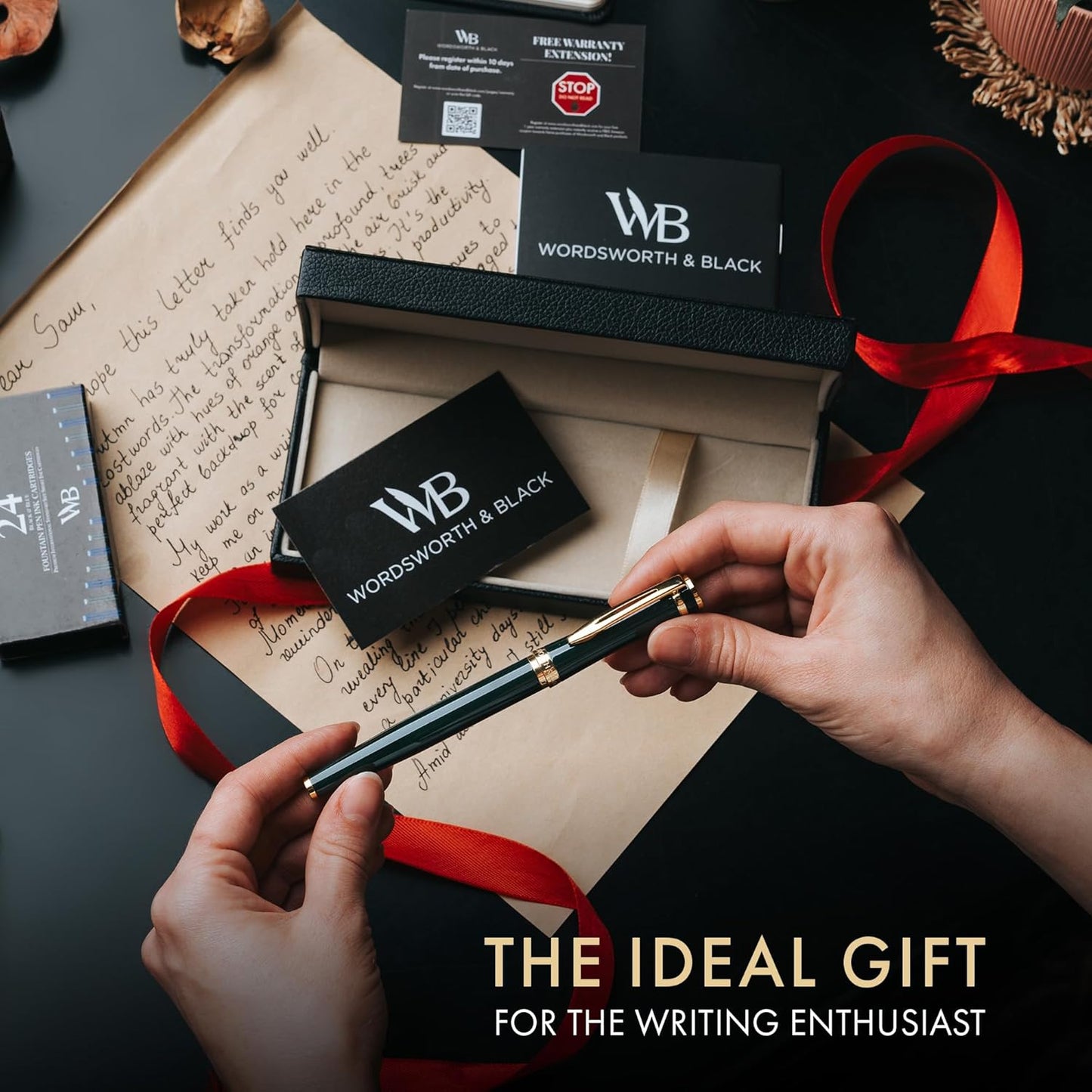 Wordsworth & Black Fountain Pen Set, 18K Gilded Fine Nib, Includes 24 Pack Ink Cartridges, Ink Refill Converter & Gift Box, Gold Finish, Calligraphy, [Racing Green], Perfect for Men & Women