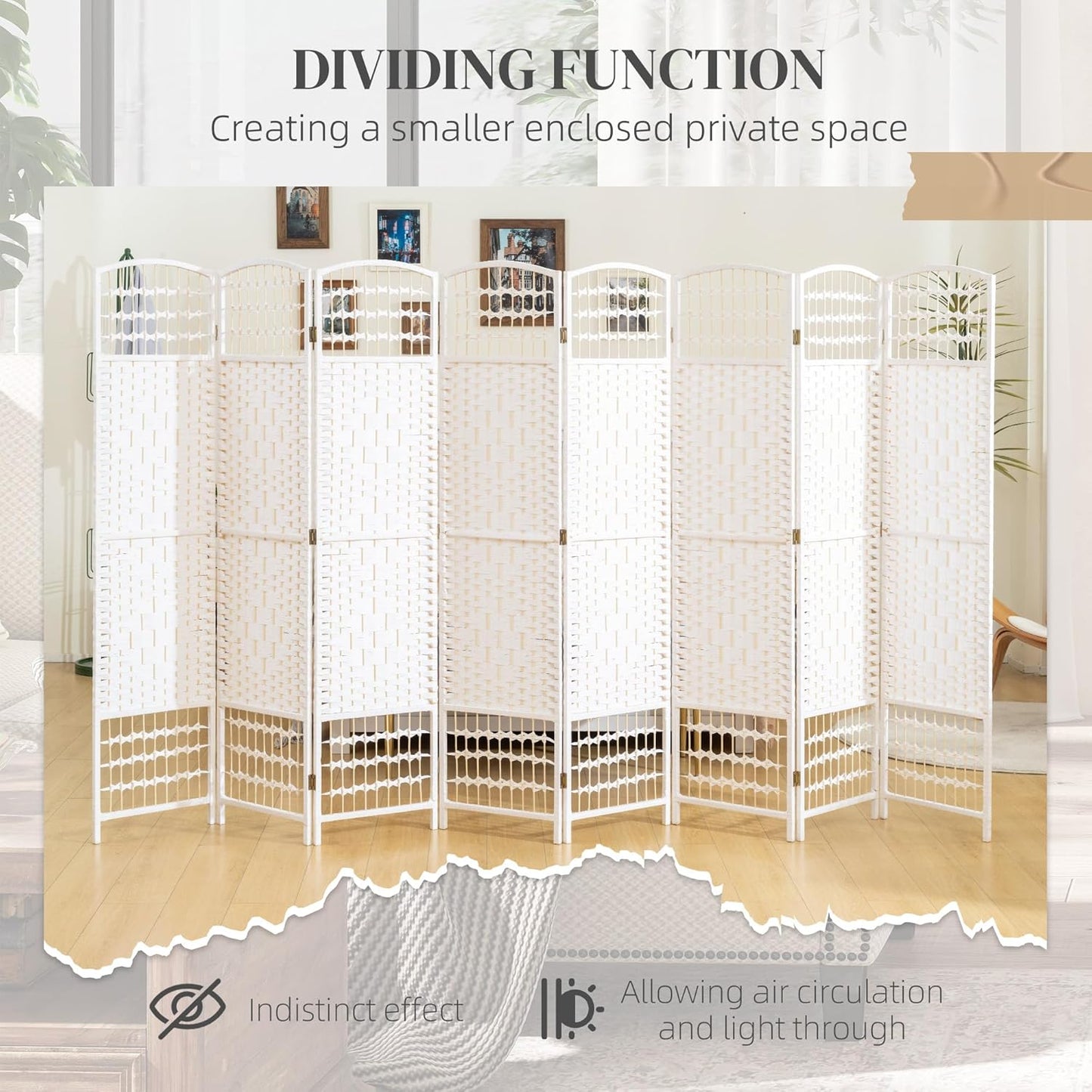 HOMCOM 8 Panel Room Divider, Folding Privacy Screen, 5.6' Room Separator, Wave Fiber Freestanding Partition Wall Divider, White
