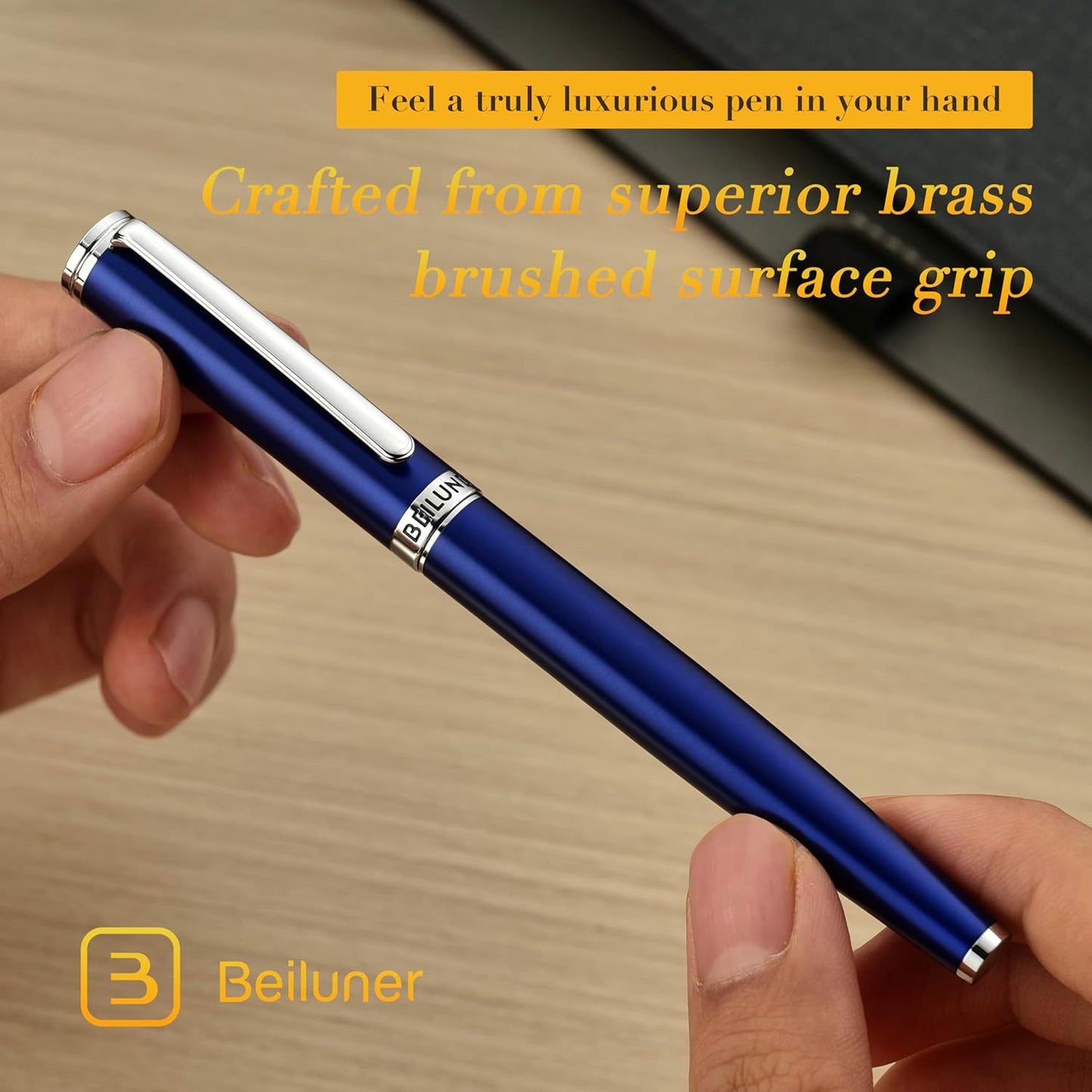 BEILUNER Luxury Fountain Pen Set,Solid 24K Gilded Fine Nib, Modern Classic Limited Edition -Includes 6 Ink Cartridges&Ink Refill Converter with Gift Case-Perfect for Men and Women（Charming blue）