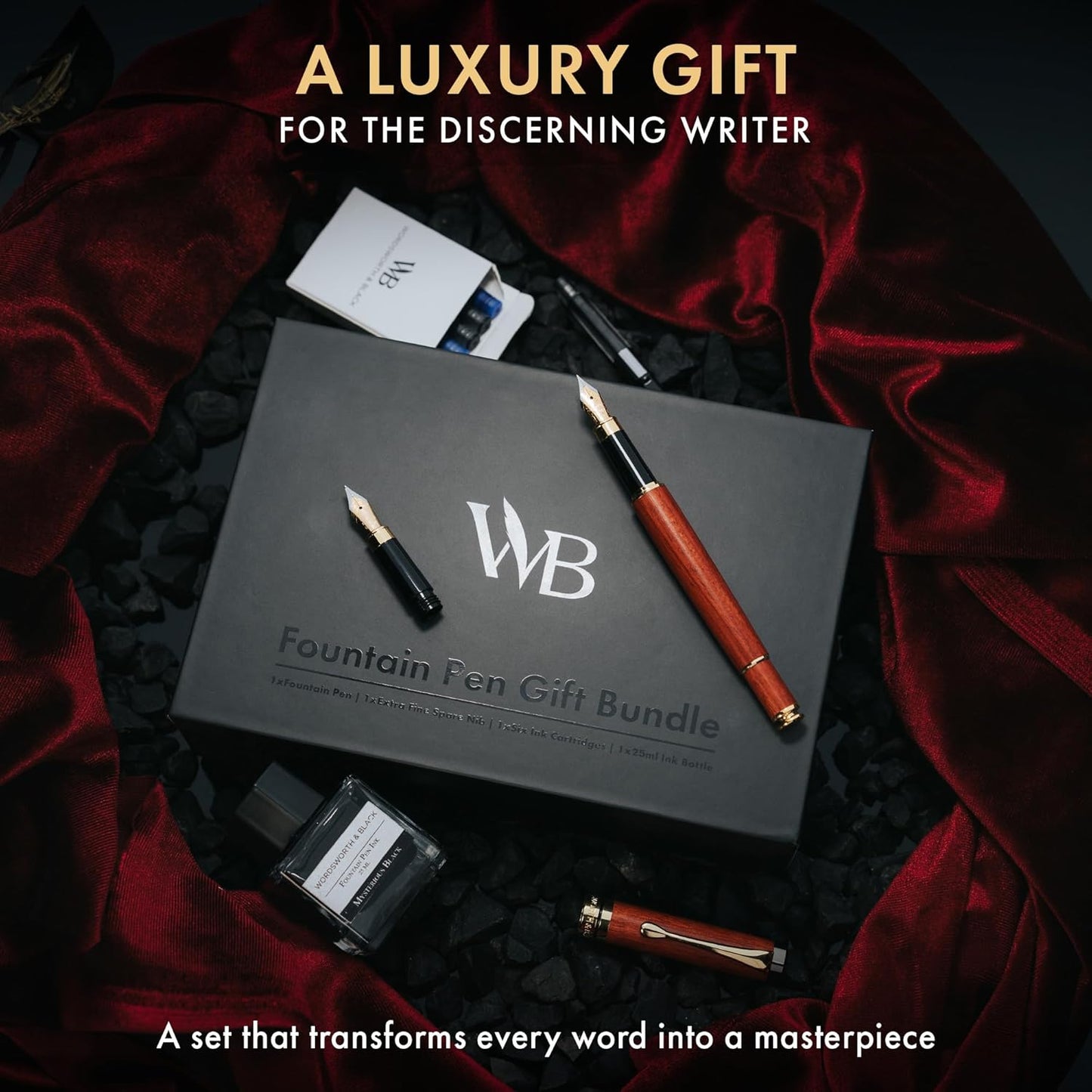 Wordsworth & Black Fountain Pen Set, Luxury Bamboo Wood - Medium Nib, Extra Fine Nib, Gift Case; 25ML Black Ink Bottle, 6 Ink Cartridges, Refill Converter - Calligraphy, Writing [Rosewood]