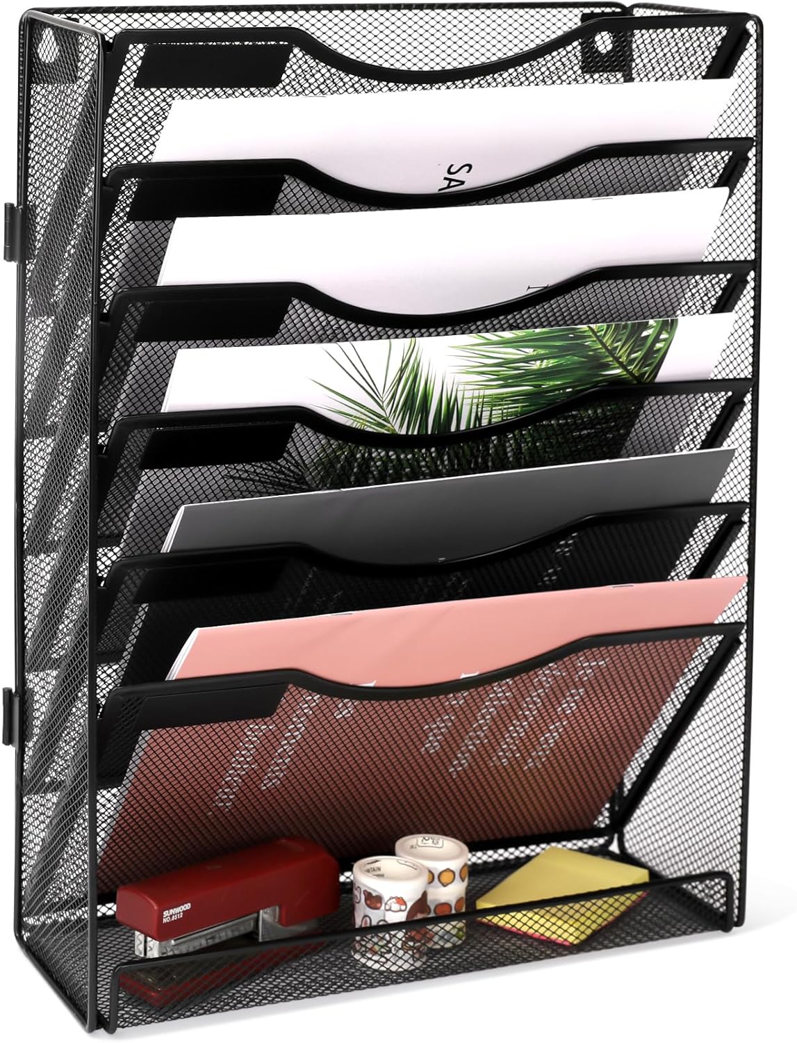 EasyPAG Wall File Holder Organizer 7 Tier Mesh Hanging Wall Mounted Document Paper Folder Filing Magazine Rack with Nametag Label for Office Home School, Black