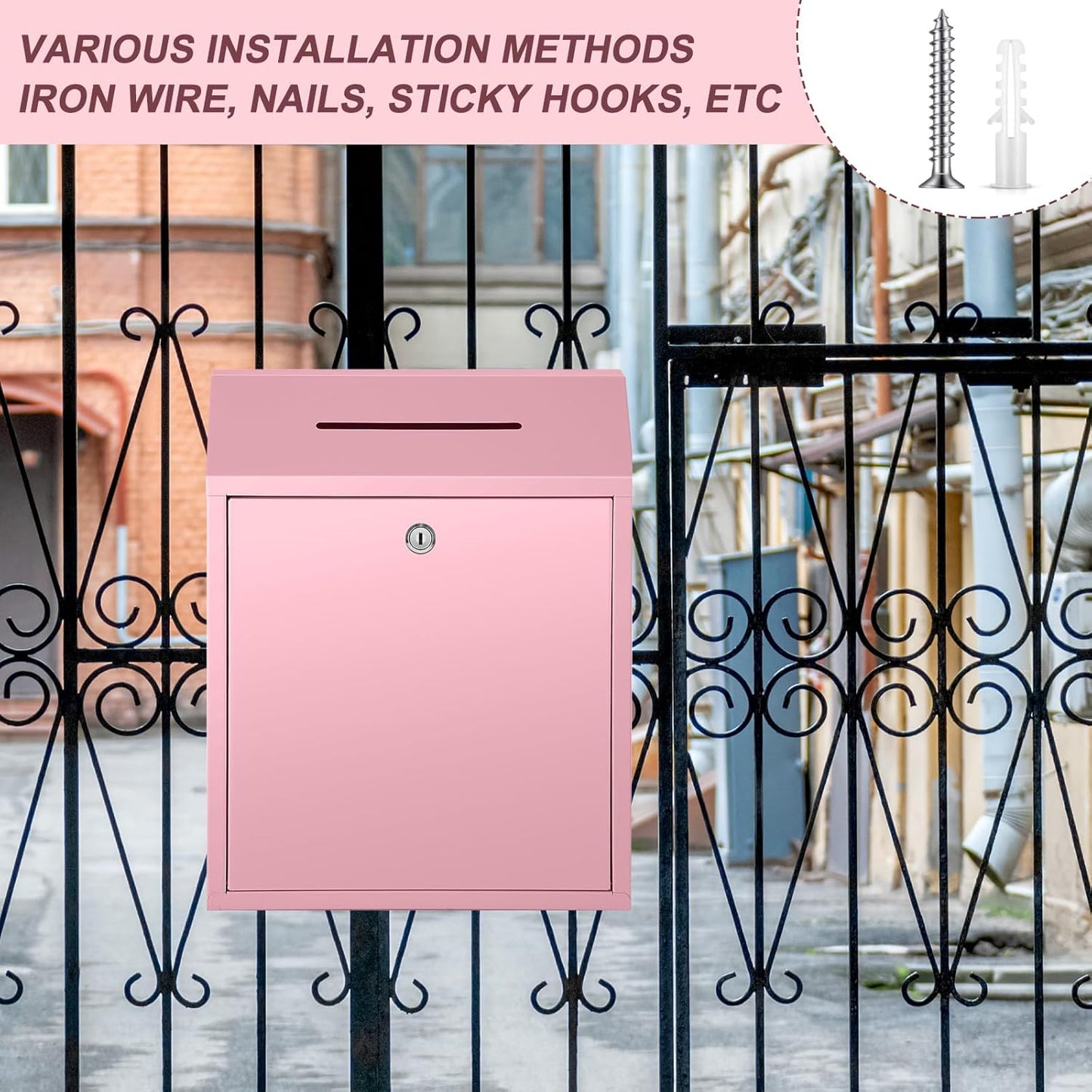 Metal Donation Cash Box Collection Safe Suggestion Box with Lock Wall Mounted Mailbox Delivery Ballot Container for Home Office Outdoor Door(Pink,15 x 12 x 4 Inch)