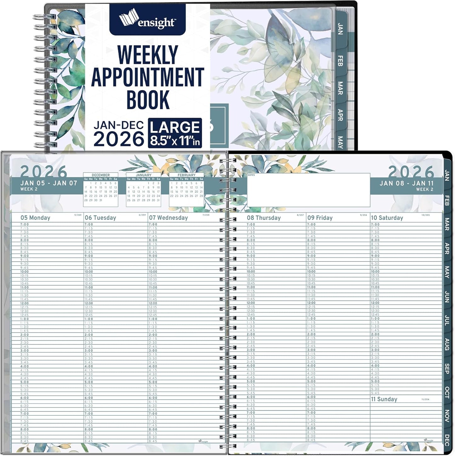 Ensight 2026 Appointment Book & Planner Ensight 8.5 x 11 inches Large Tabbed Daily Hourly Weekly Planner Schedule Book 15 Minute time Slots Business & Personal Planner Jan 2026 Dec 2026 Floral