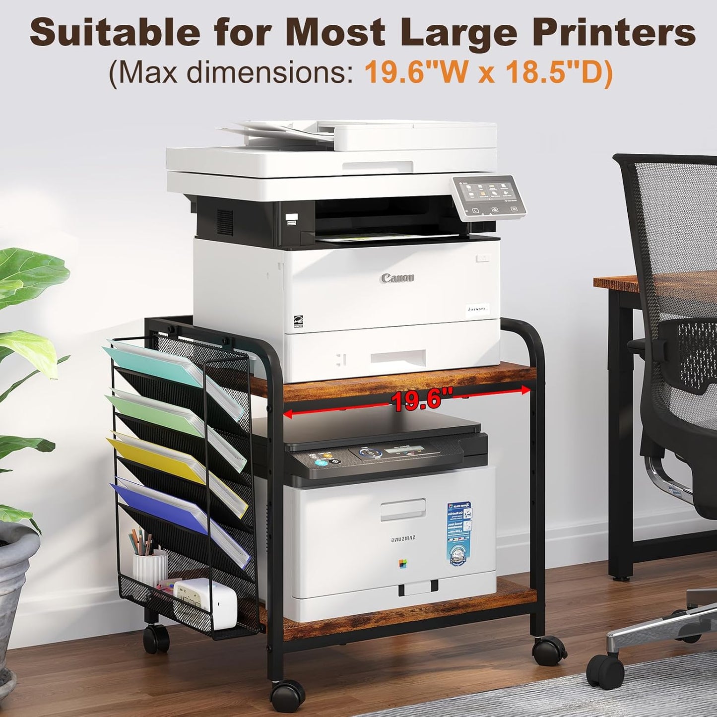 EasyCom Large Printer Stand with File Holder Organizer, Adjustable Height Shelf with Wheels, Rolling Printer Cart with Storage for Printer Scanner Fax Home Office Use Rustic Brown