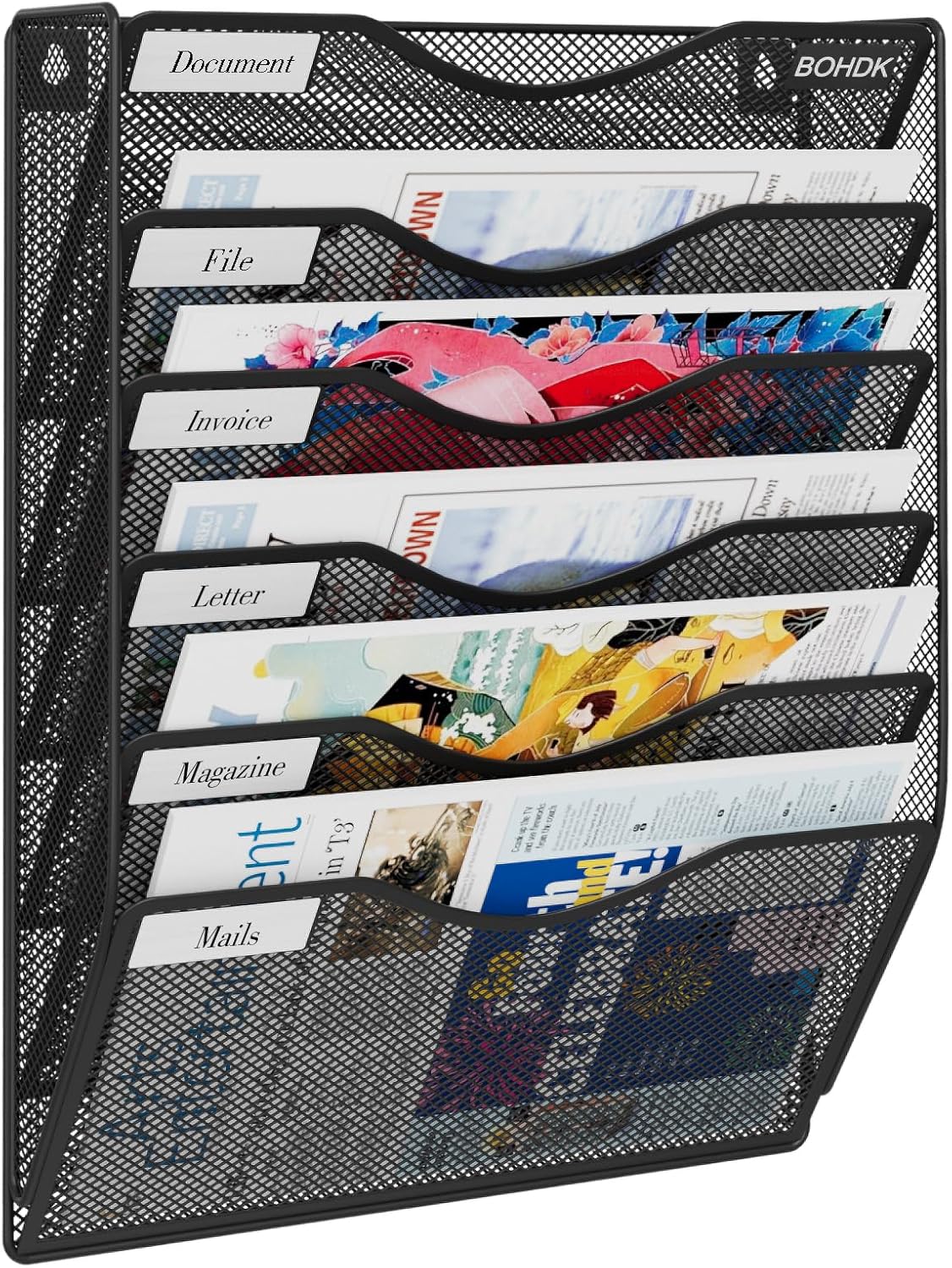 Wall File Organizer, 6 Tier Hanging File Folder Mail Organizer, Vertical Mesh Metal Wall Mount Hanging File Holder, Paper Document Magazine Rack for Home Office Black