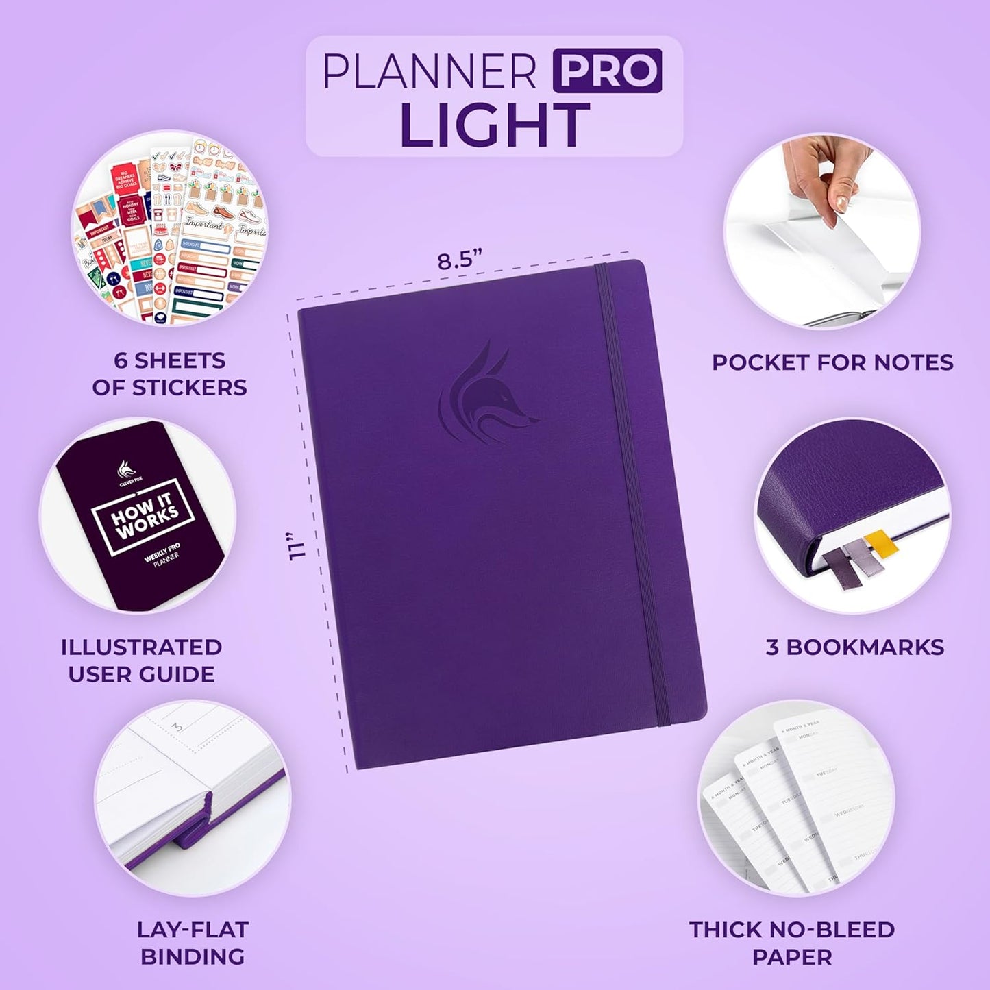 Clever Fox Planner PRO Light – Weekly & Monthly Life Planner to Increase Productivity, Time Management and Hit Your Goals, 8.5x11″ (Purple)