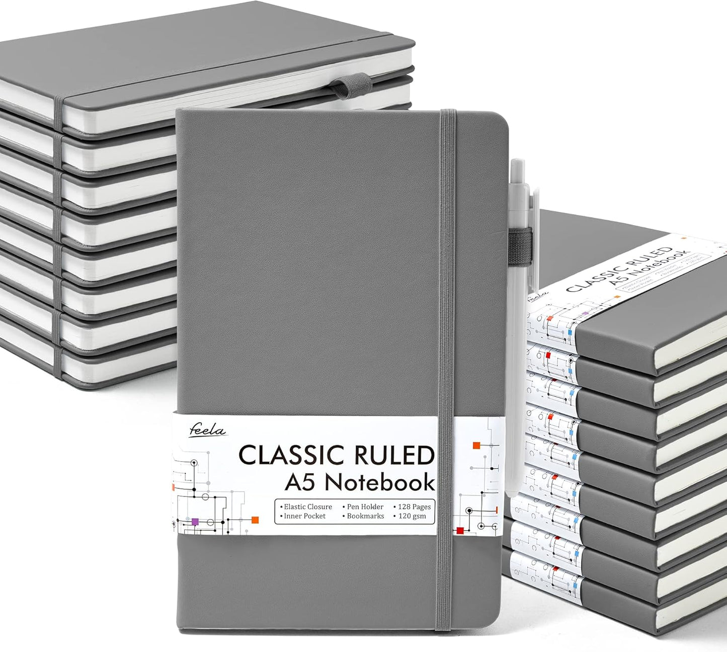feela 18 Pack Journal Notebook for Work, Business Notebook Bulk Hardcover Lined Writing Journal with Pen Holder for Men Women Note Taking, with 18 Black Pens, 120 GSM, 5.1”x8.3”, A5, Gray