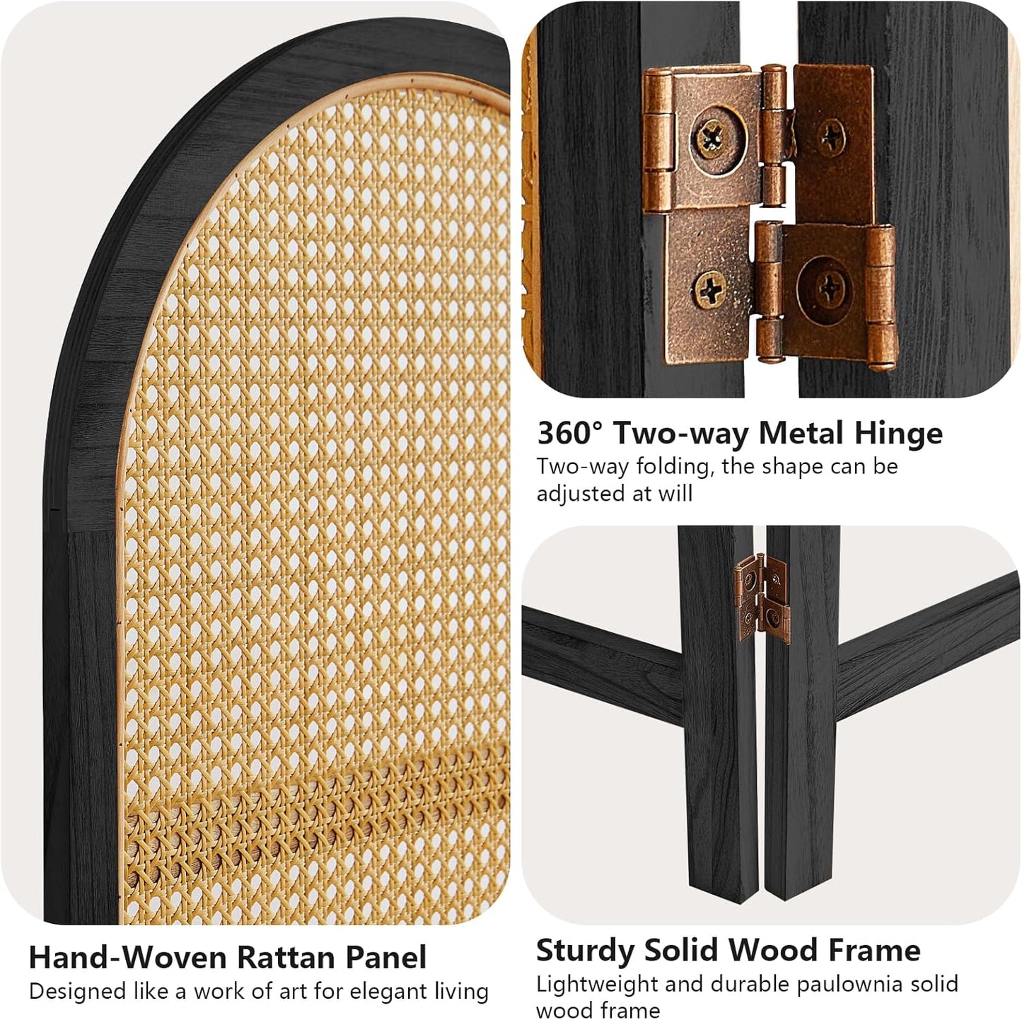 Hand-Woven Rattan Room Divider 3 Panels, 5.9 Ft Tall Wood Room Divider Panel, Partition Screen Divider Wall, Folding Privacy Screen, Wall Divider for Room Separation Home Office - Black