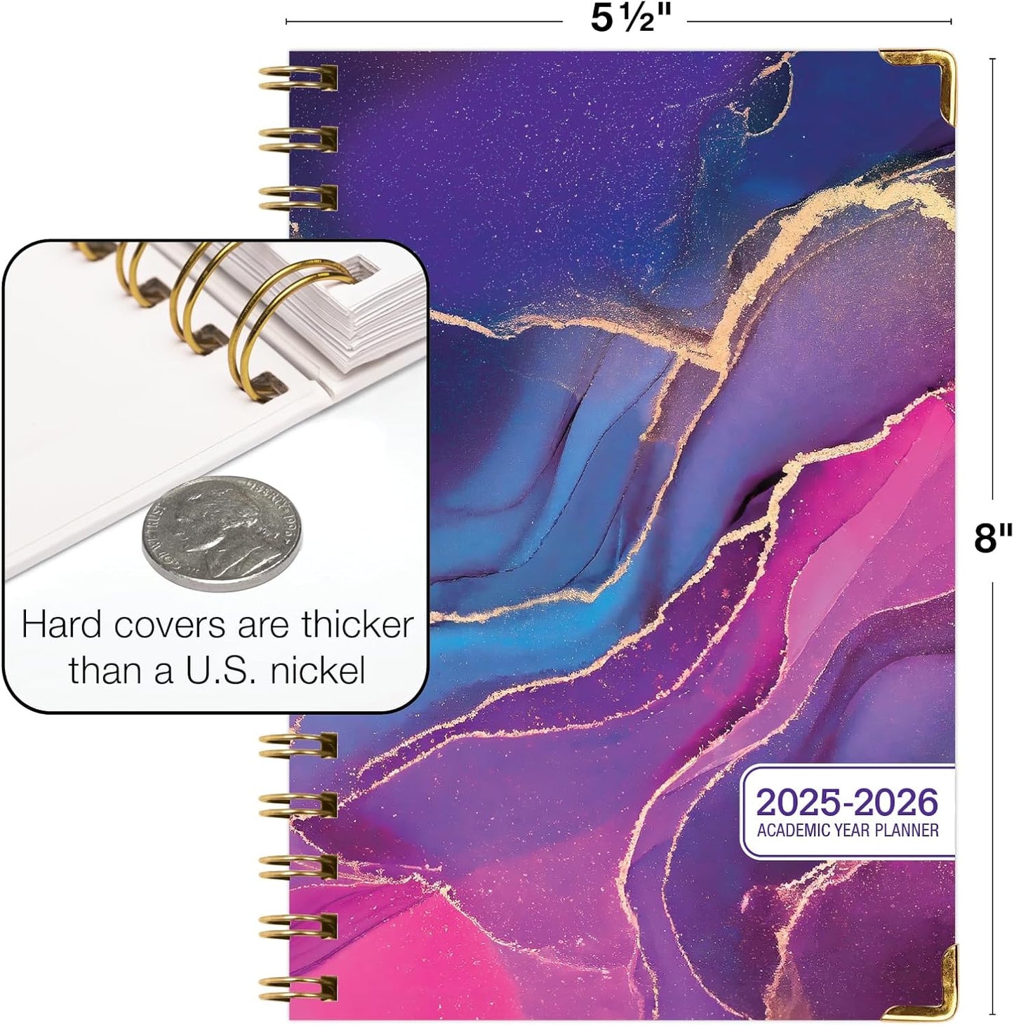 HARDCOVER Academic Year 2025-2026 Planner: (June 2025 Through July 2026) 5.5"x8" Daily Weekly Monthly Planner Yearly Agenda. Bookmark, Pocket Folder and Sticky Note Set (Pink Purple Marble)