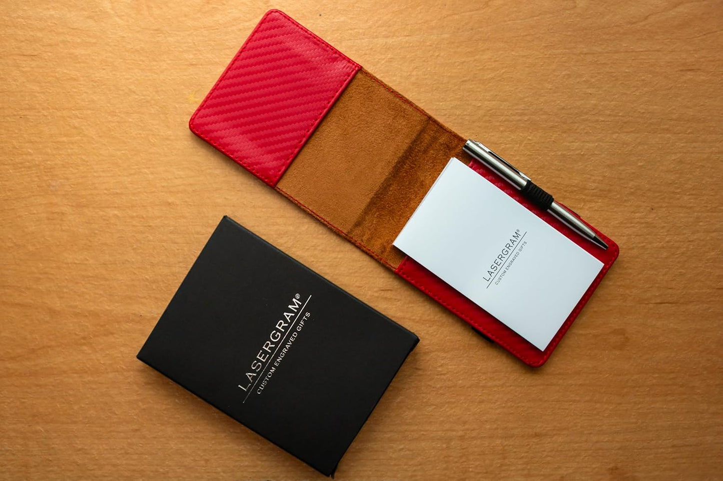 LaserGram Mini Padfolio with Notepad and Pen, Flag of The United States, Personalized Engraving Included (Carbon Fiber Red)
