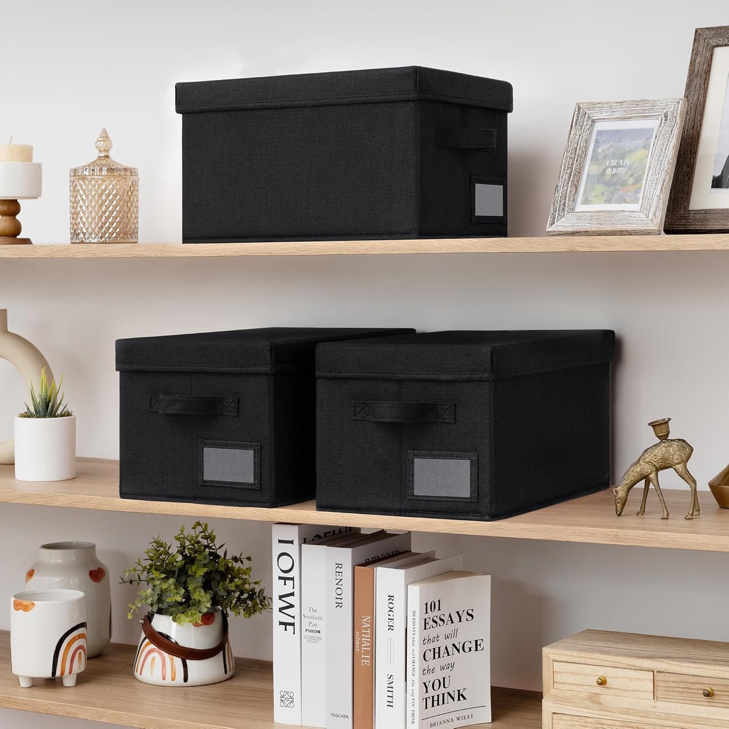 GRANNY SAYS Storage Bins with Lids, Linen Storage Bins for Shelves, Decorative Storage Boxes, Clothes Storage and Organization, Storage Boxes for Organizing, 3-Pack, Black