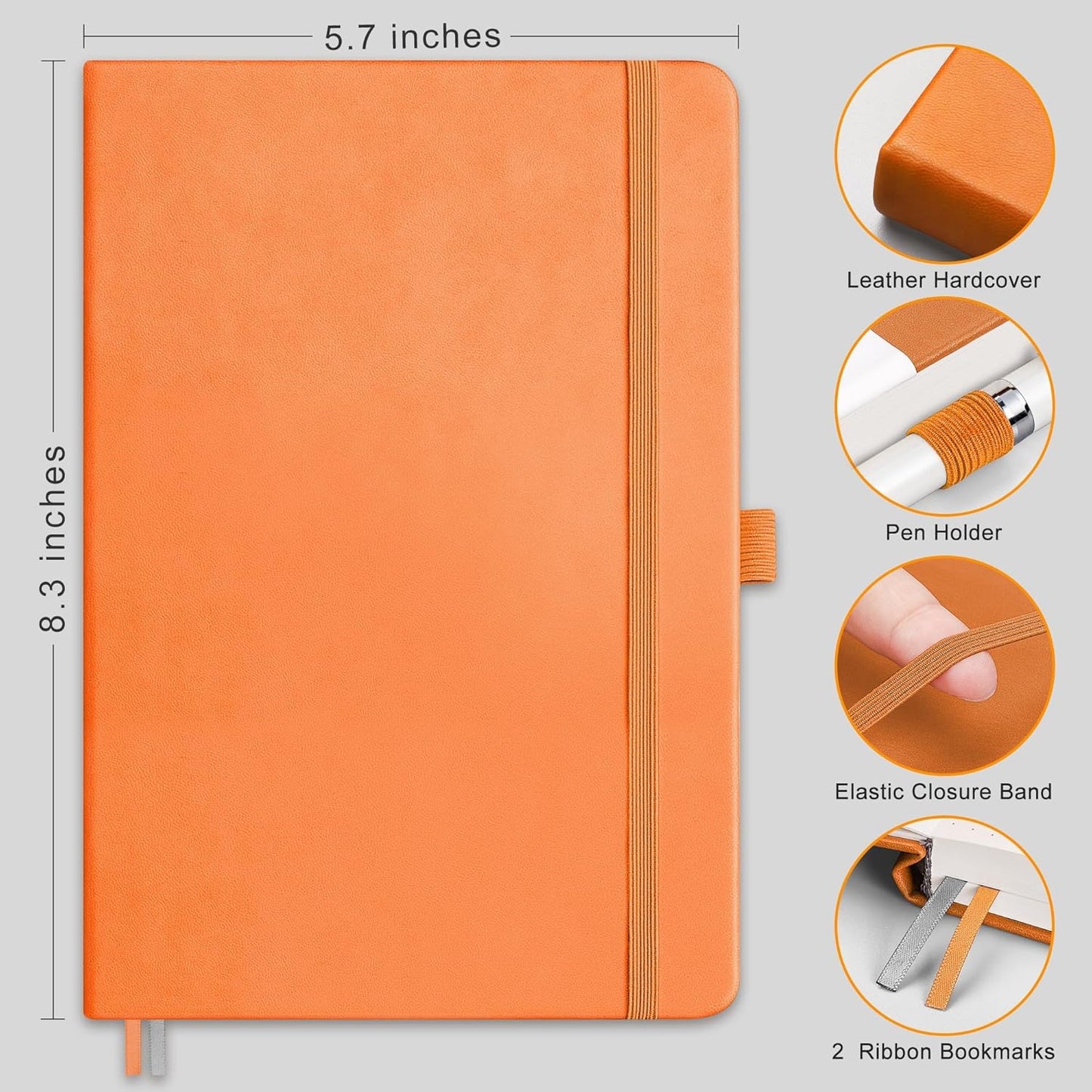 RETTACY Graph Grid Paper Notebook, 192 Pages, A5 Medium Size (5.7'' x 8.3''), 5 Squares per Inch, Leather Hardcover, 100 GSM Thick Paper, for School, Students, Math, Engineering (Orange)