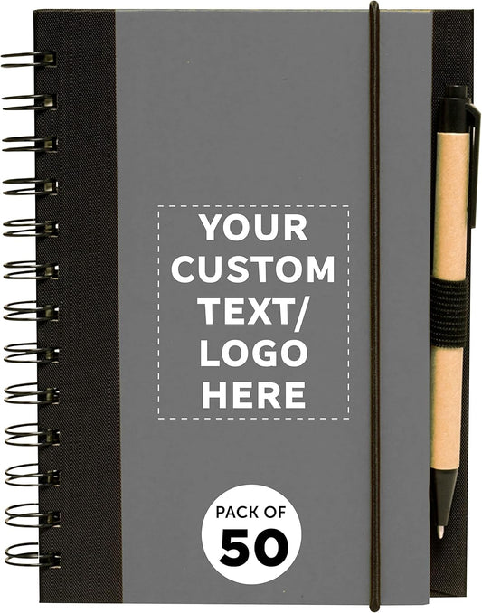 DISCOUNT PROMOS Custom Eco Block Notebooks with Pens Set of 50, Personalized Bulk Pack - Perfect for School, Office, Business, Home - Smoke