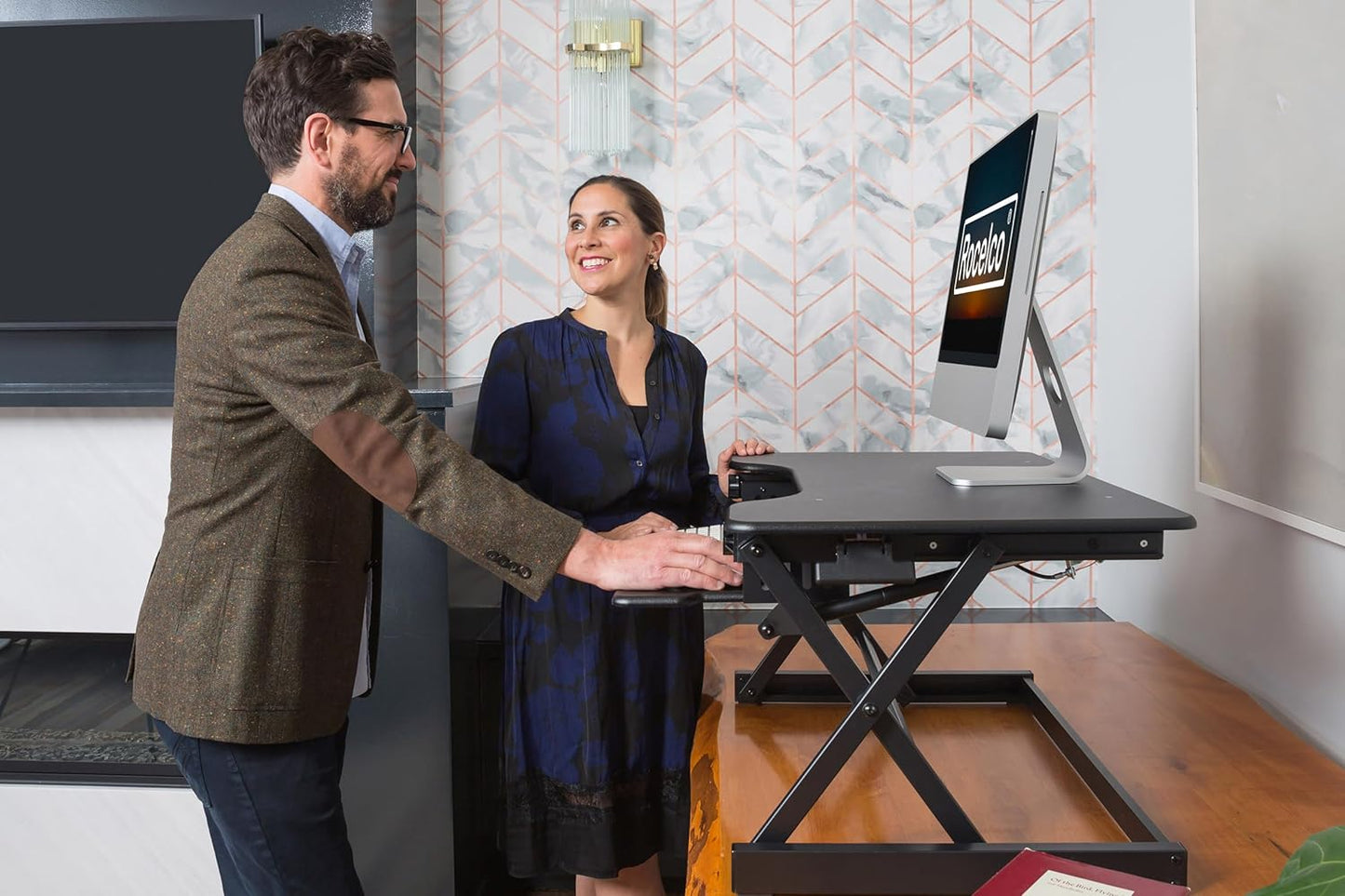 Rocelco 40" Height Adjustable Standing Desk Converter with AC Outlet USB Charger and Anti-Fatigue Floor Mat - Sit Stand Up Tabletop Riser - Sliding Keyboard Tray - Black (R DADRB-40-ACUSB-MAFM)