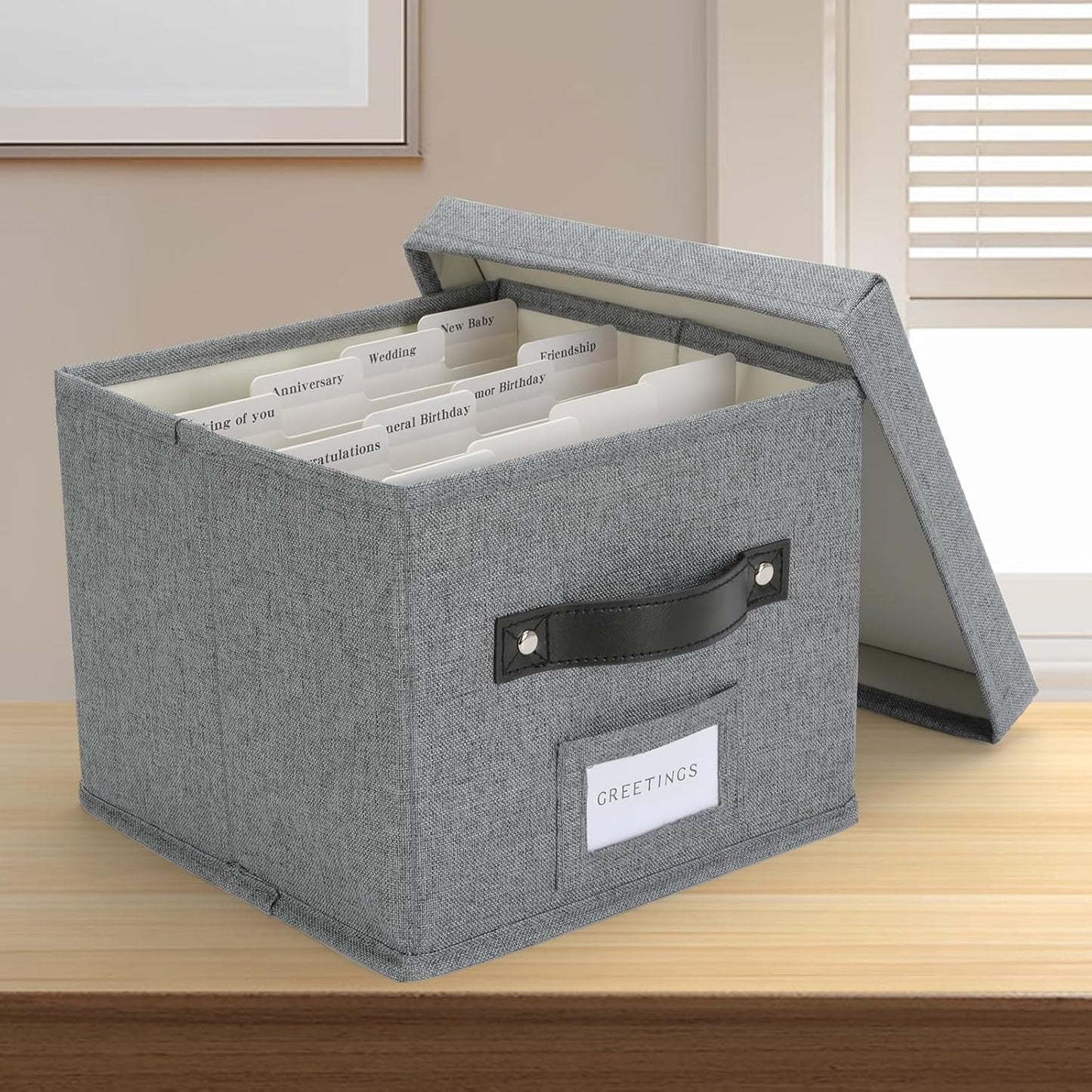 Greeting Card Organizer with dividers - Storage Box with lid Holds 150+ Cards - Assortment Box for Greeting Cards,Recipes, Photos, Envelopes, Keepsake - 9 x 9 x 7 Inches (Gray, 1 pcs)