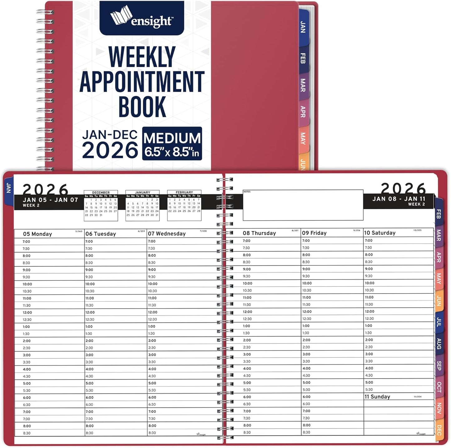 Ensight 2026 Appointment Book & Planner Ensight 6.5 x 8.5 inches Large Tabbed Daily Hourly Weekly Planner Schedule Book 30 Minute time Slots Business & Personal Planner Jan 2026 Dec 2026 Maroon