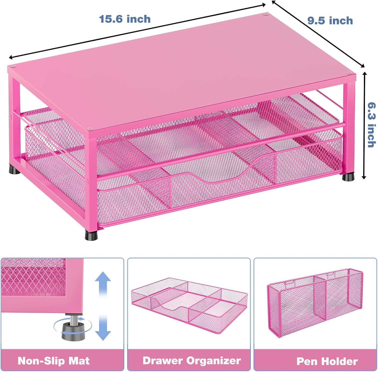 Desk Organizer and Accessories, 2-Tier Computer Monitor Stand with Drawer and 2 Pen Holders, Laptop Stand, Office Desk Accessories for Office Supplies, Carmine Rose