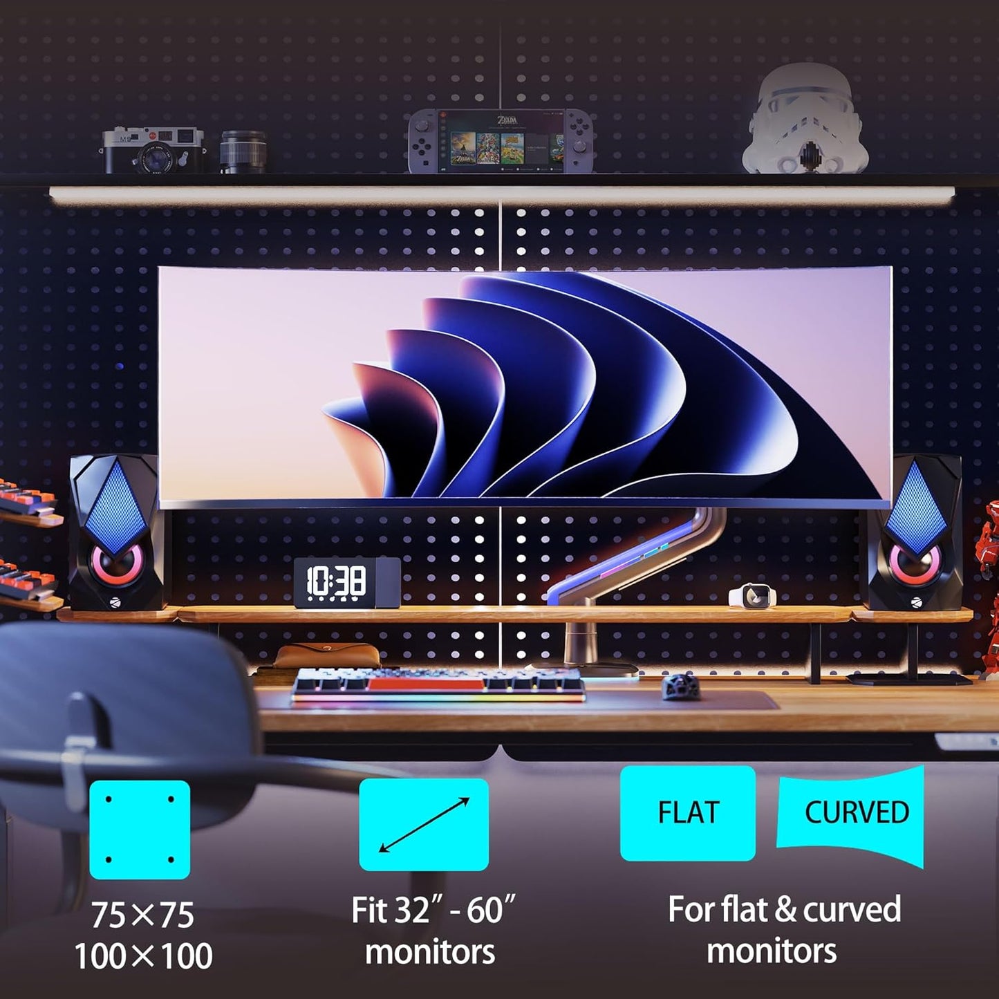 NB Gaming Monitor Arm or for 32 to 60 Inches Screen, Load up to 20 kg, VESA 75/100, RGB-Light, Heavy Duty, Multi Angle Adjustable, Premium Aluminum, Purple Blue