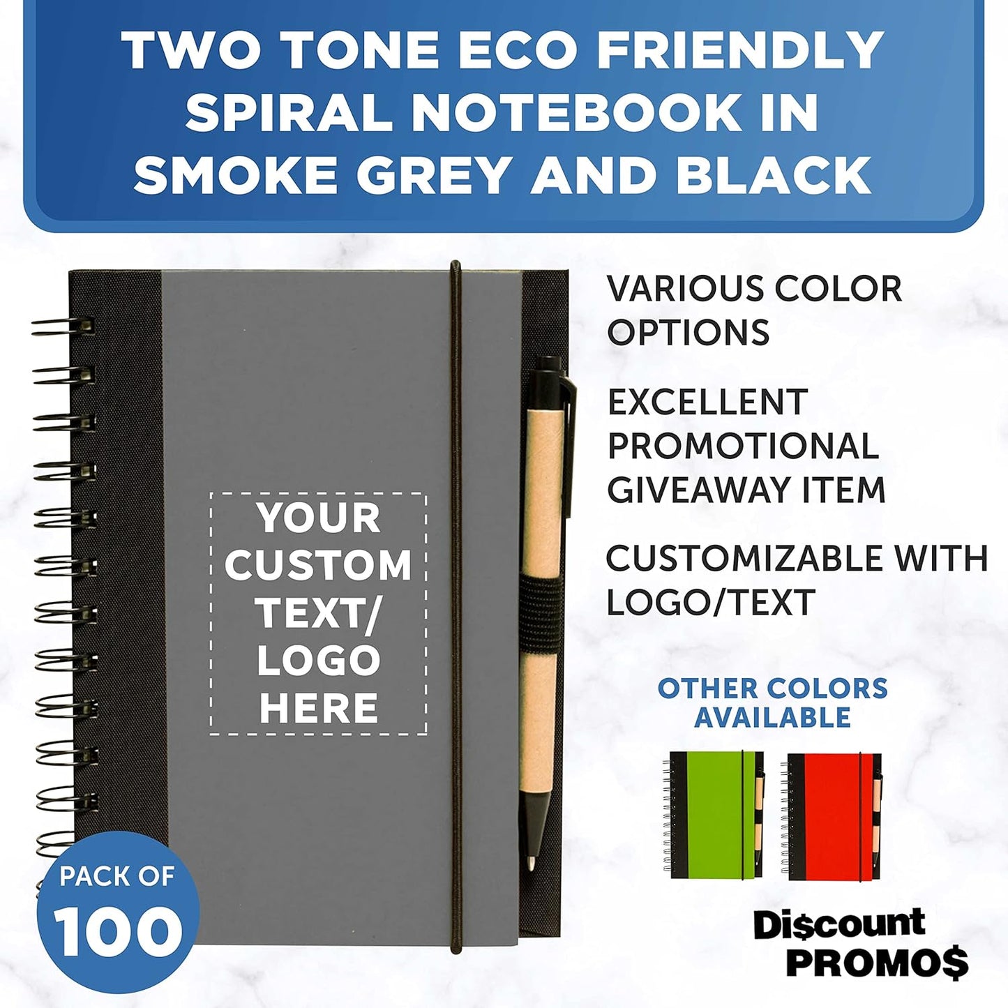 DISCOUNT PROMOS Custom Eco Block Notebooks with Pens Set of 100, Personalized Bulk Pack - Perfect for School, Office, Business, Home - Smoke