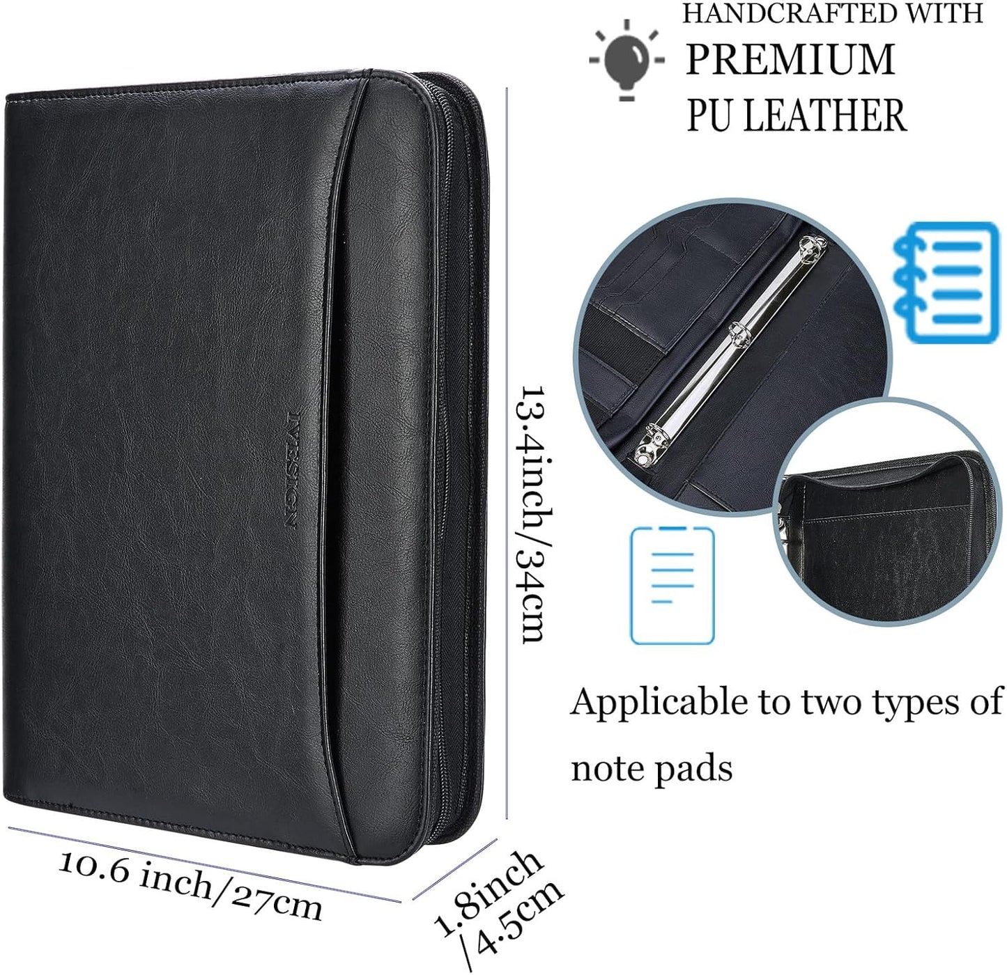 IVESIGN Zippered Padfolio Binder, Faux Leather Organizer with 3-Ring Binder, Left-Handed Design, Business Card Slots & Document Folders - Professional Padfolio for Office (Black)
