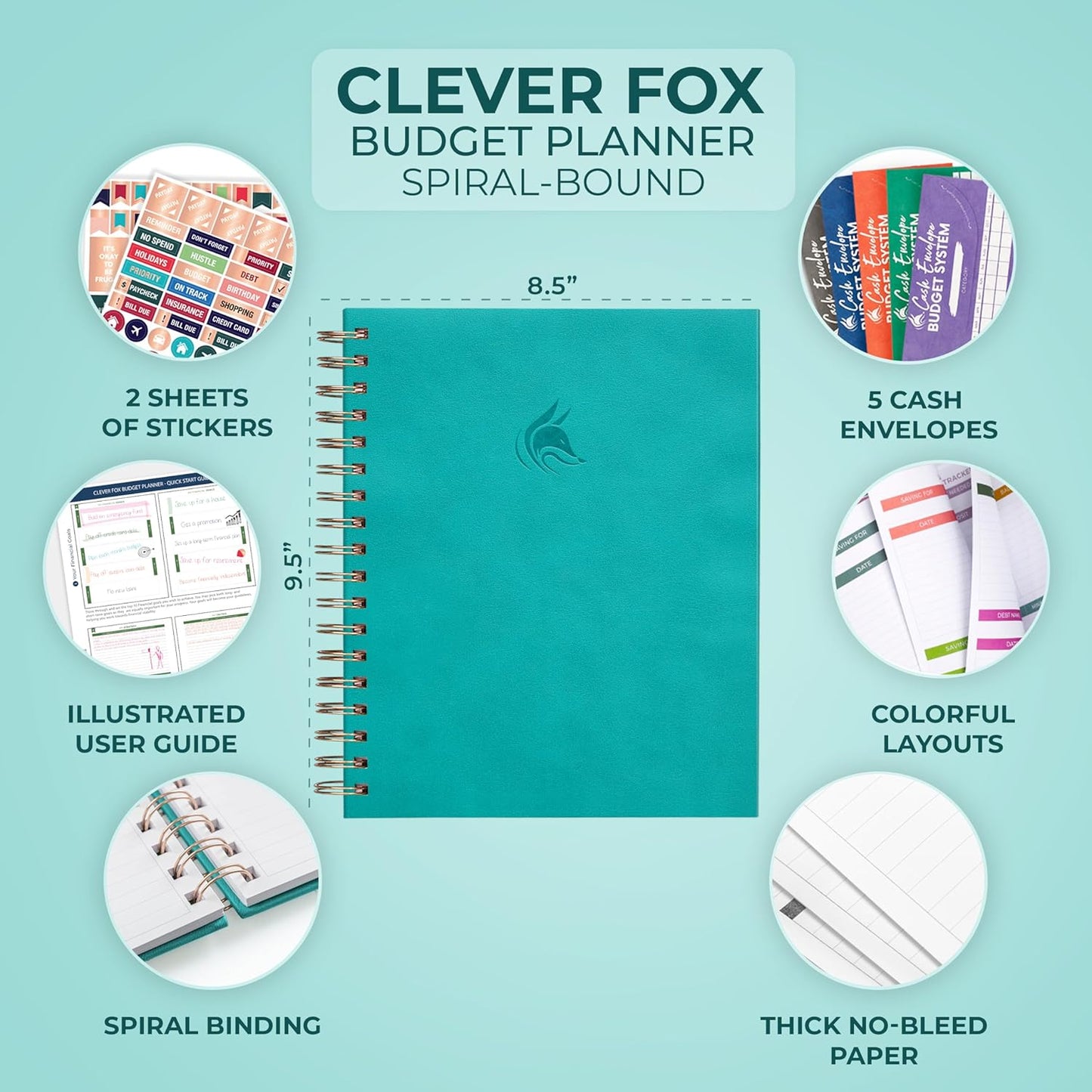 Clever Fox Budget Planner – Coiled Finance Book, Monthly Financial Journal, Budgeting Organizer & Expense Tracker Notebook, 8.5x9.5″ (Turquoise)