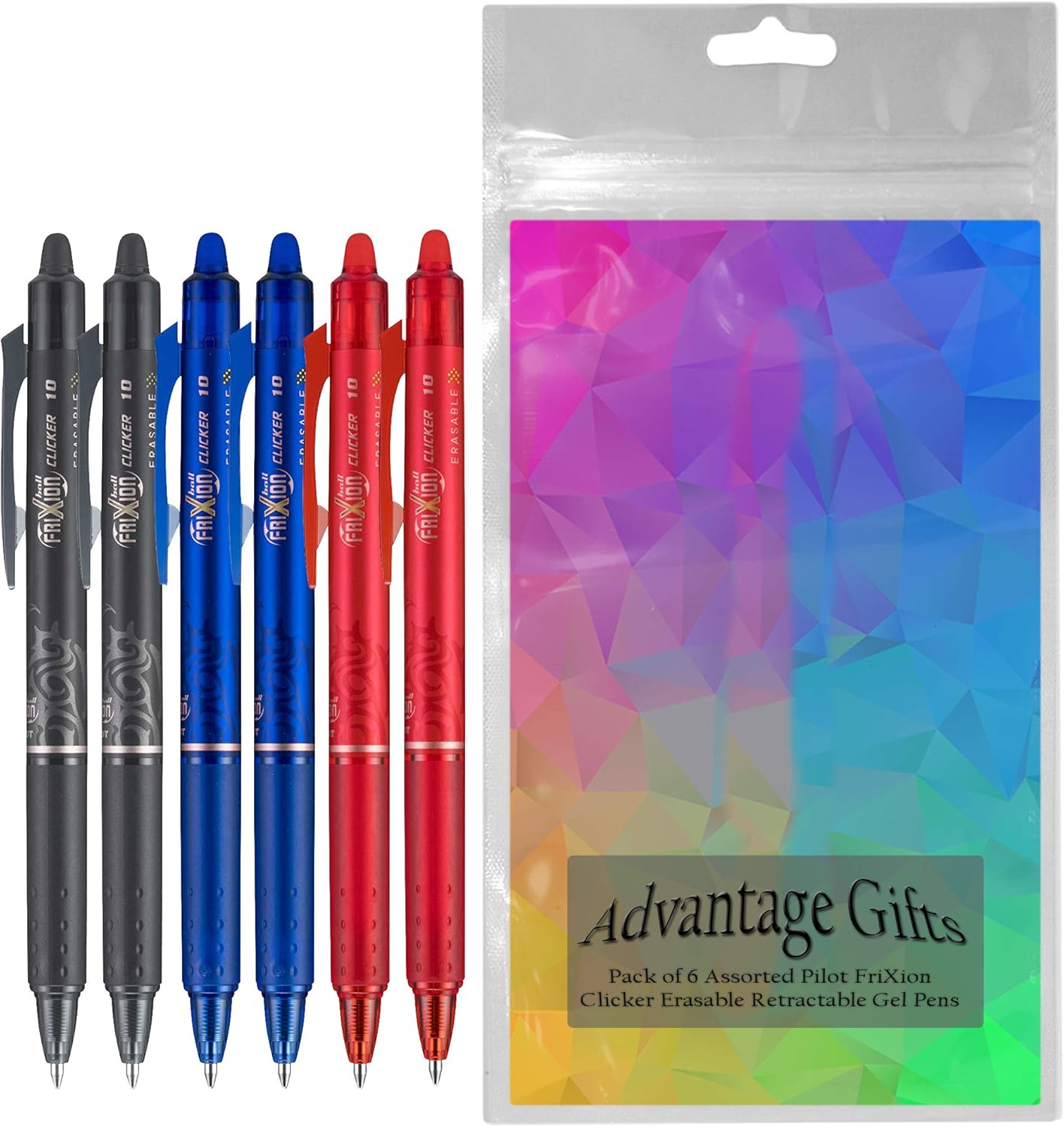 FriXion Clicker Retractable Erasable Gel Pen, Black/Blue/Red Bold Point, 6-pk; Bundle with Plastic Reusable Pouch