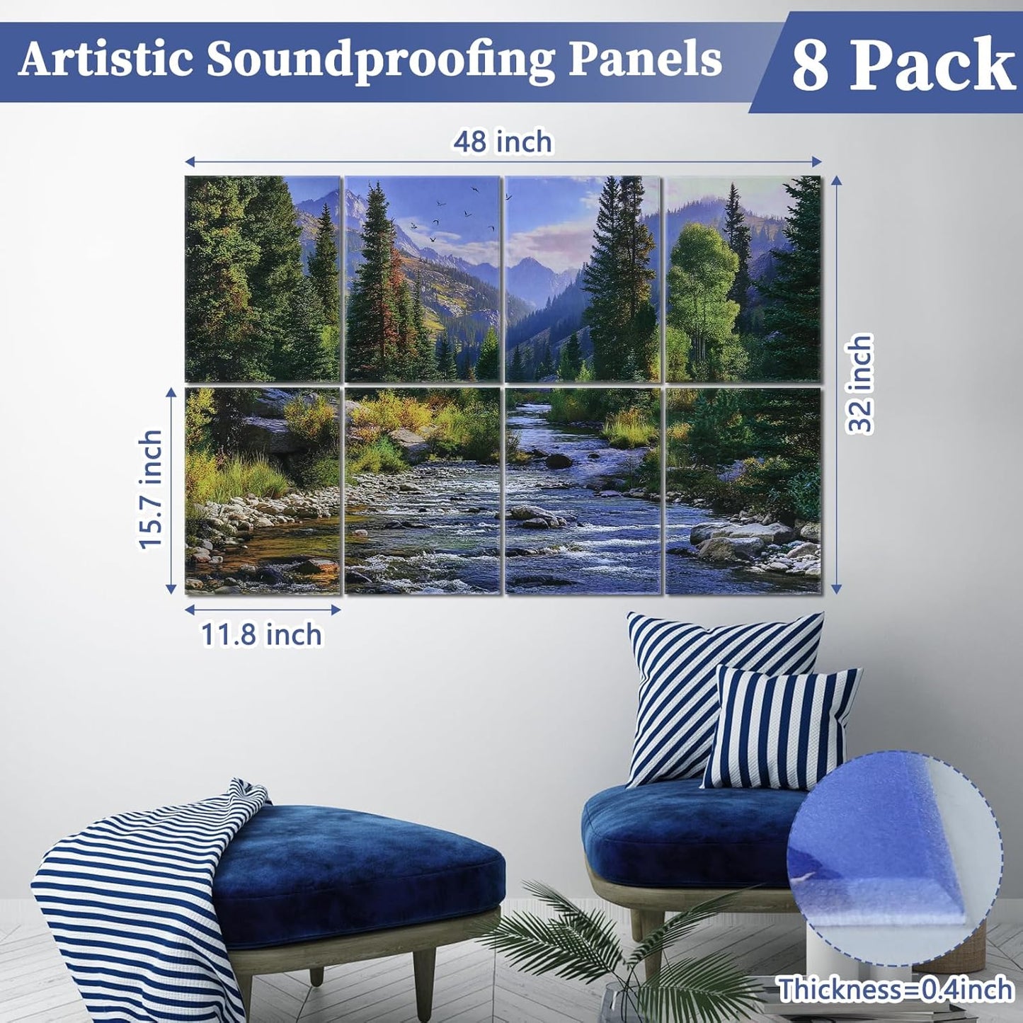 8 Pack Art Acoustic Panels, 48"X32" Self-adhesive Soundproof Wall Panels, Decorative Sound Absorbing Panel, Acoustic Treatment for Studio, Home, Office (Mountain Stream)