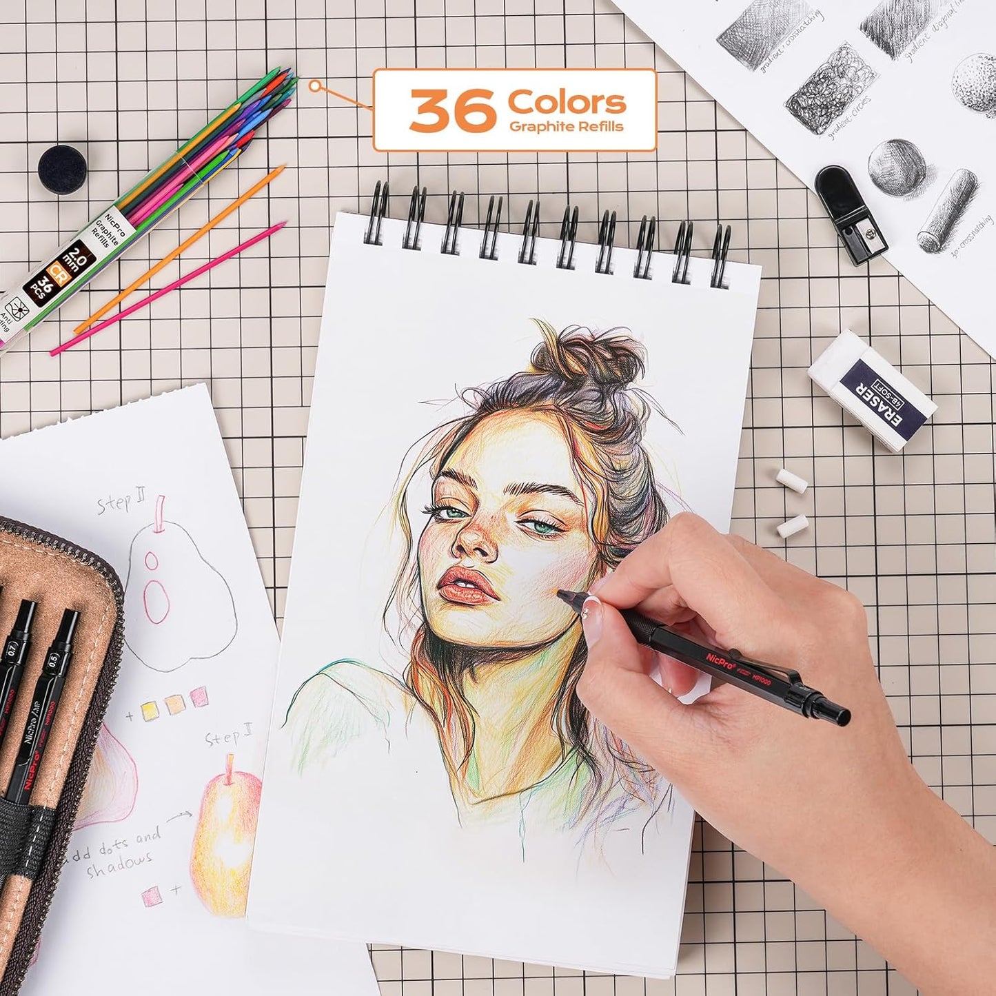 Nicpro 20PCS Black Metal Mechanical Pencil Set in Leather Case, Drafting Pencil 0.3, 0.5, 0.7, 0.9 mm & 2mm Lead Holders, 9 Tube (4B 2B HB 2H Colors) Lead Refills, Erasers For Art Sketching Drawing