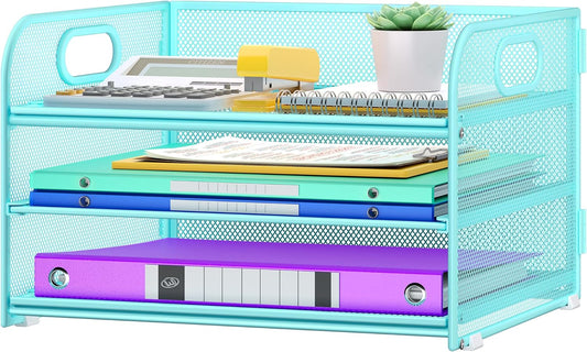 3 Tier Paper Organizer with Handle, Metal Desk Organizer Mesh Paper Letter Tray Desktop File Folder Document Sorter for Classroom, School, Office Accessories Organization and Storage - Blue