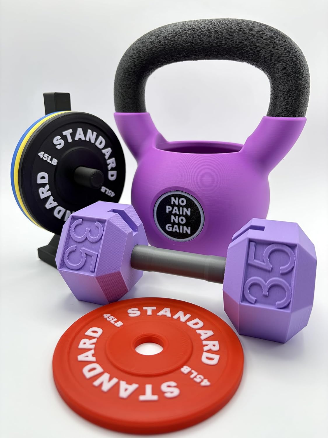 Gym Desk Accessory Set – Dumbbell Business Card Holder, Barbell Coastr & Pen Stand | Fitness-Themed Office Decor | PLA Eco Material (Purple)