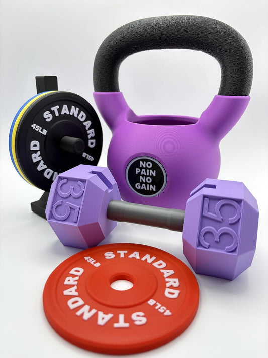 Gym Desk Accessory Set – Dumbbell Business Card Holder, Barbell Coastr & Pen Stand | Fitness-Themed Office Decor | PLA Eco Material (Purple)