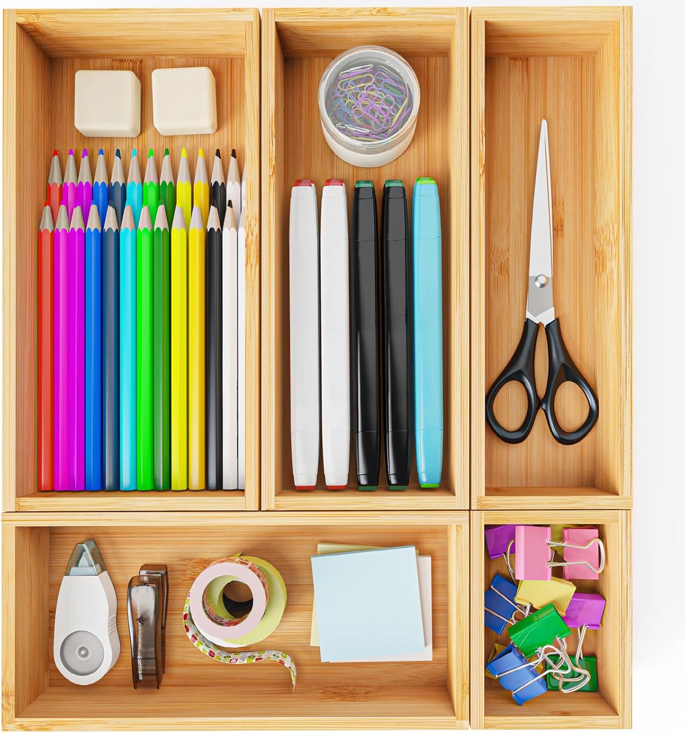 Bamboo Drawer Organizer Set, 5 PCS Wooden Storage Trays for Kitchen, Bathroom, Office, Makeup