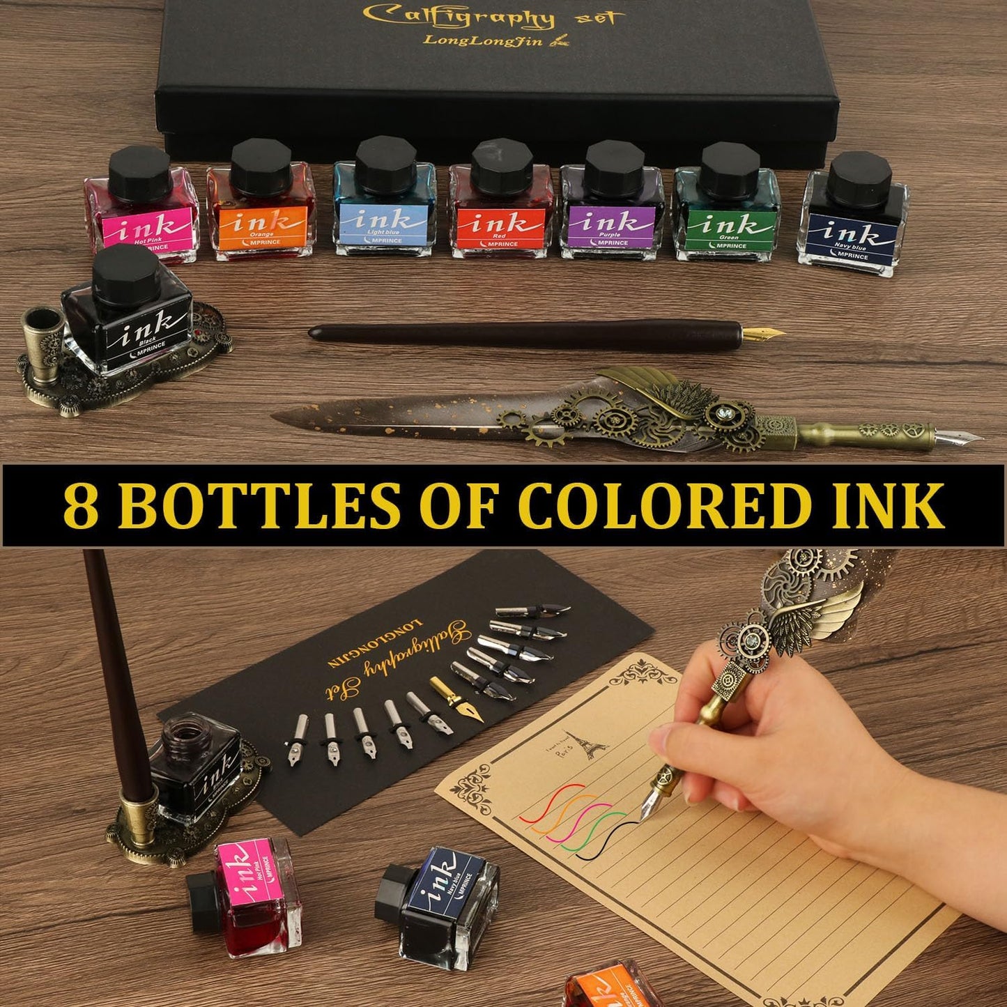 Calligraphy Pens and Ink Set - Calligraphy Kits for Beginners,Quill Pen Includes Dip Pen,8*Colors Ink,11*Calligraphy Pen Nibs（Grey）