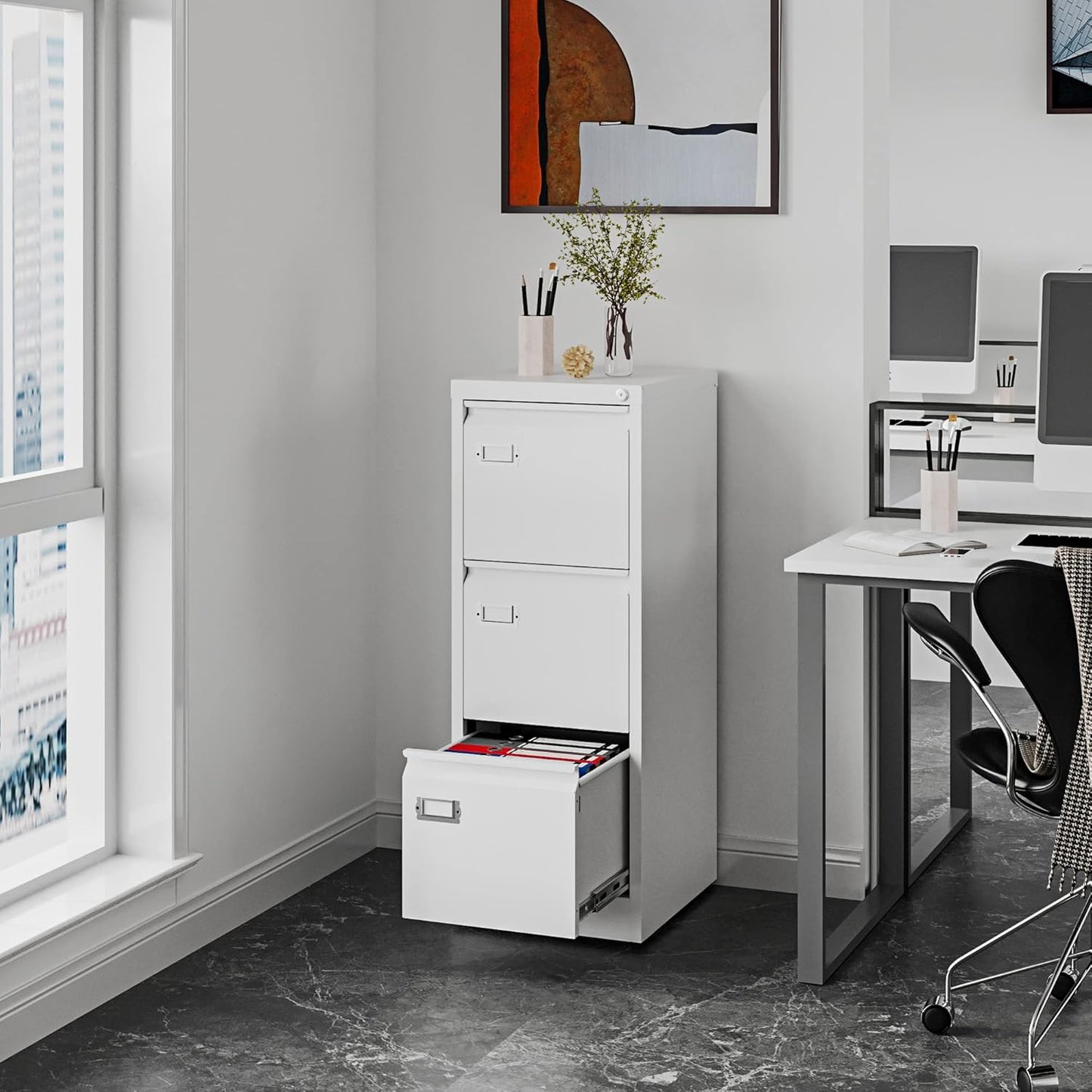 3 Drawers Vertical File Cabinets - 17.8" Deep Lockable Filing Cabinet - White Metal Storage Cabinets for Home Office to Hanging Files Letter/Legal/F4/A4 Size