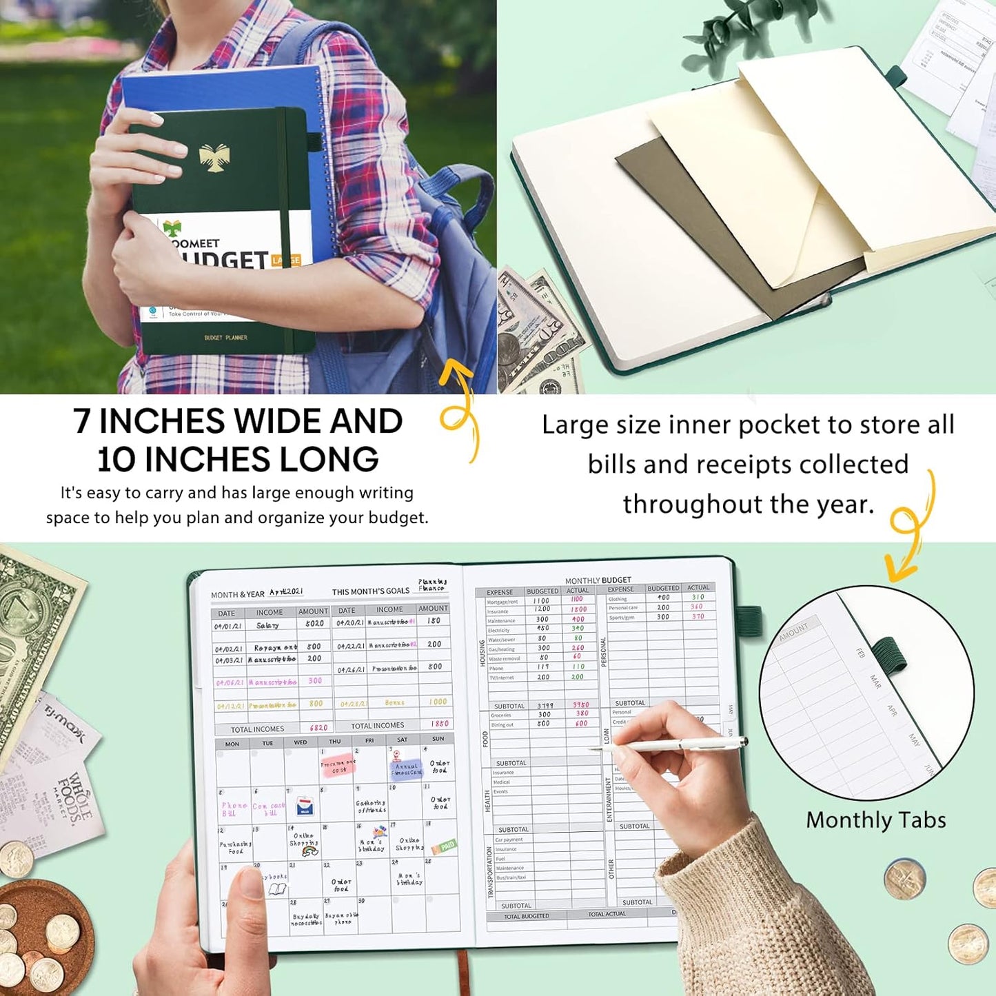 Budget Planner with Monthly Tabs - 7" x 10" Hardcover Budget Book, Monthly Bill Organizer with Pockets, Undated Finance Planner with Expense Tracker Notebook to Take Control Your Money-Dark Green