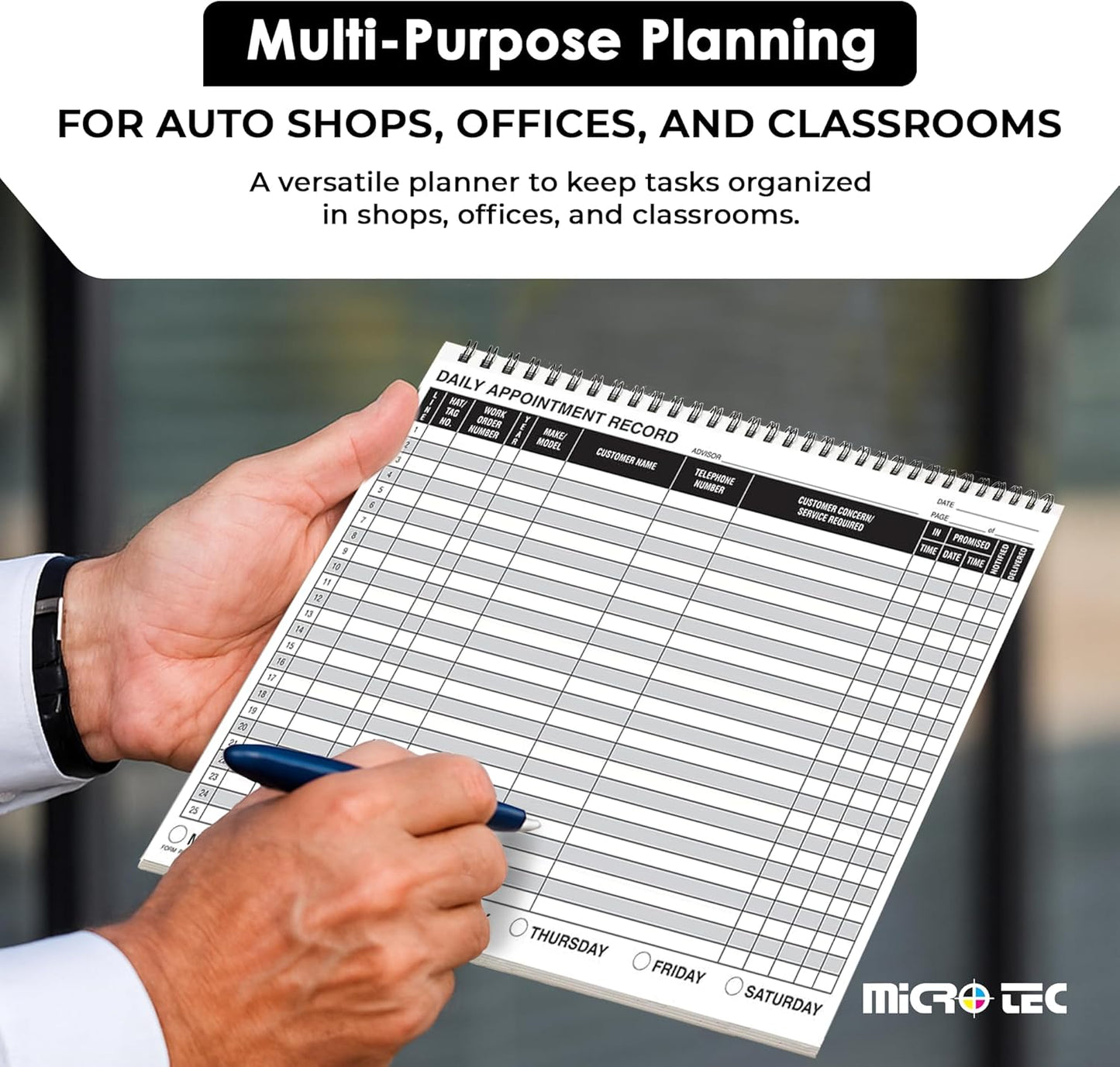 MICRO TEC Daily Appointment Record Log Books – 8.5" × 11" Spiral Bound Planner – Durable 90# Paper Notebook for Auto Repair Shops, Service Advisors & Daily Tracking - 100 Pages/Book (Book of 1)