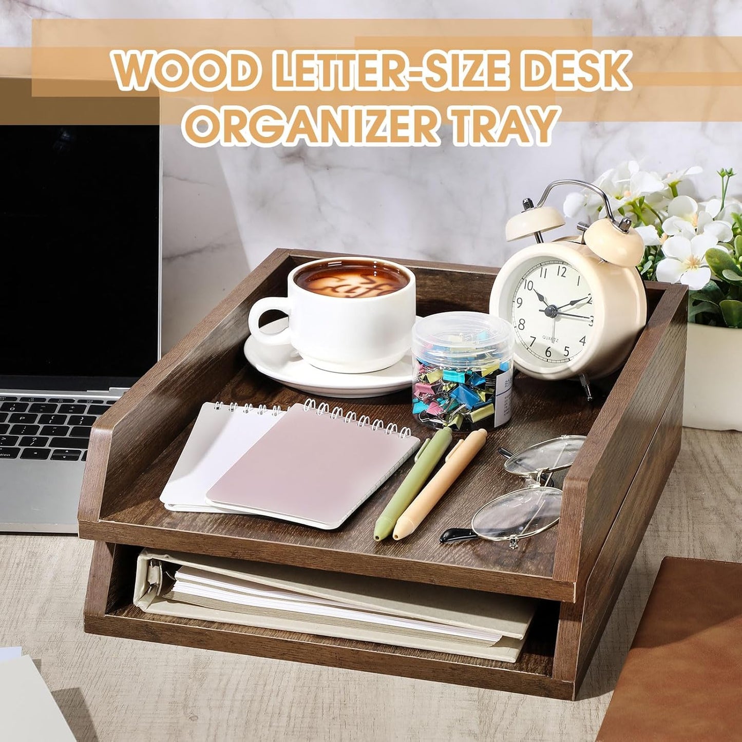 4 Pcs Wooden Letter Trays Wood Letter-Size Desk Organizer Heavy Duty 2 Tier Stackable Supports Paper Tray Desktop Drawer Organizer File Folder Magazine Office Accessories (Dark Wood)