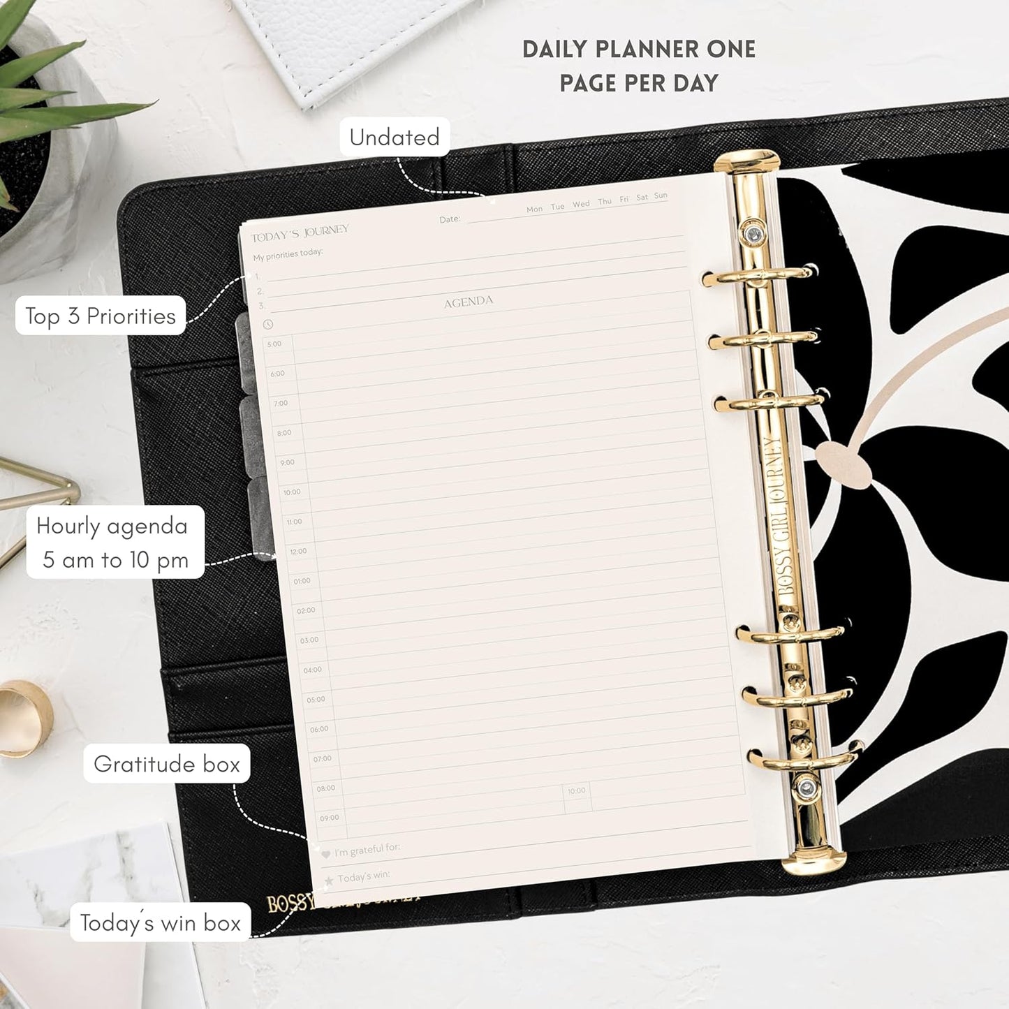 Bossy Girl Journey - A5 Week Undated Daily and Monthly Planner A5 Binder – Goal Setting Productivity Planner 120 Creamy GSM, Habit Tracker, 8 Tabs, Stickers + Bookmark & User Guide - Refillable Organizer for Women