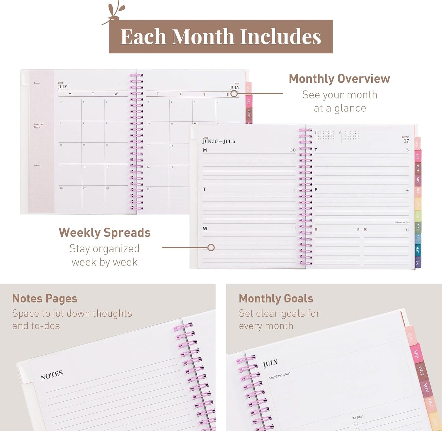 Rileys Academic Planner 2025-2026, Daily, Weekly & Monthly Planner, July 2025 - June 2026, Student Notes Pages, Twin-Wire Binding, Weekly Agenda for School & Work (8 x 6-Inches, Pink, Classic)