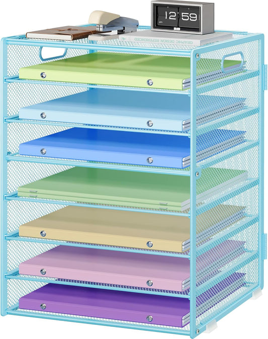 8 Tier Paper Organizer with Handle, Metal Mesh Desk File Organizer, Large Capacity Desk Organizers Paper Letter Tray Desktop Document Sorter for Office, Home or School - Blue
