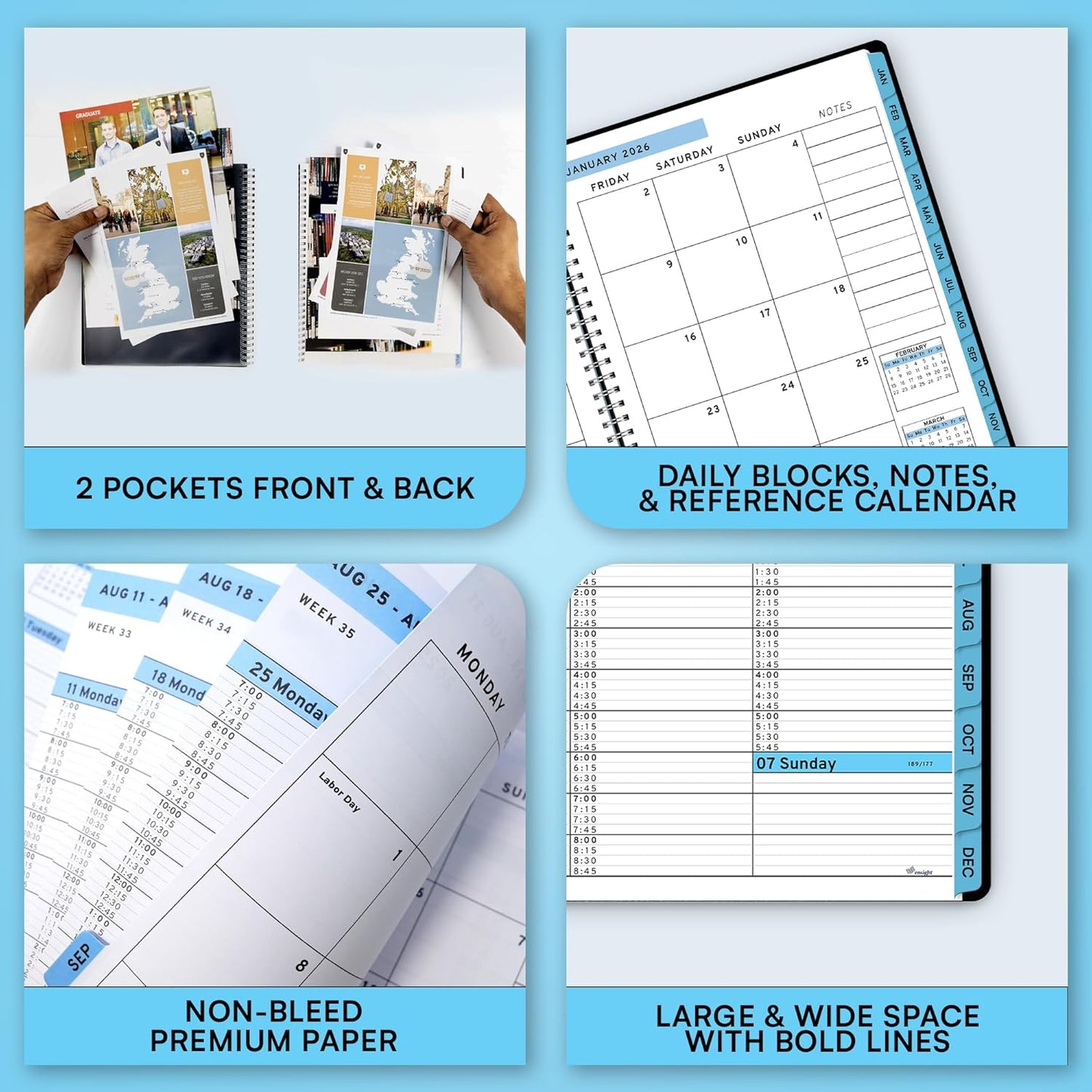 Ensight 2026 Appointment Book & Planner Ensight 8.5 x 11 inches Large Tabbed Daily Hourly Weekly Planner Schedule Book 15 Minute time Slots Business & Personal Planner Jan 2026 Dec 2026 Blue