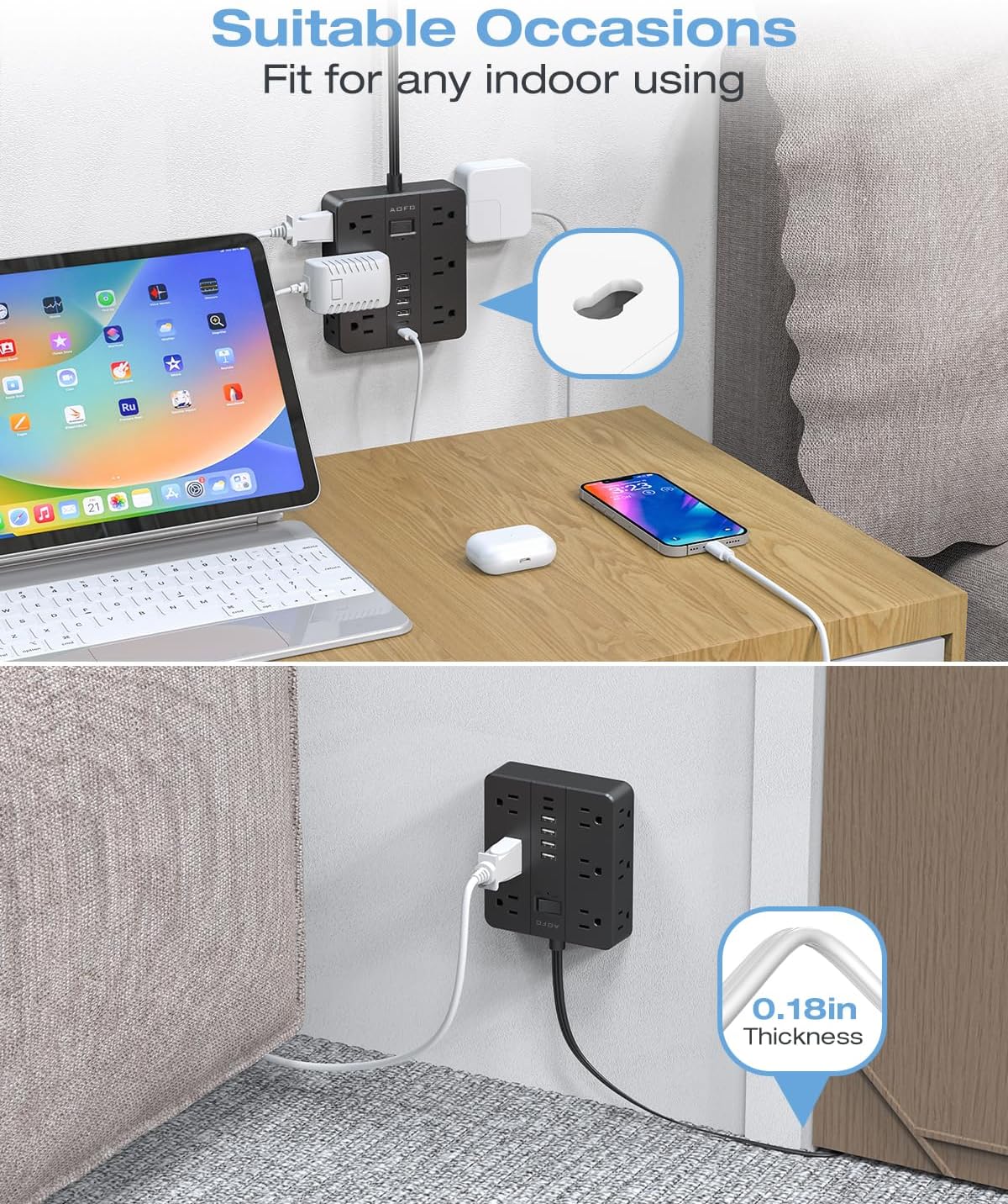 15FT Surge Protector Power Strip,12 AC Outlets with 6 USB Ports (2 USB-C), Flat Plug Extension Cord with Multiple Outlets, Wall Mount for Home Office,Dorm, Black