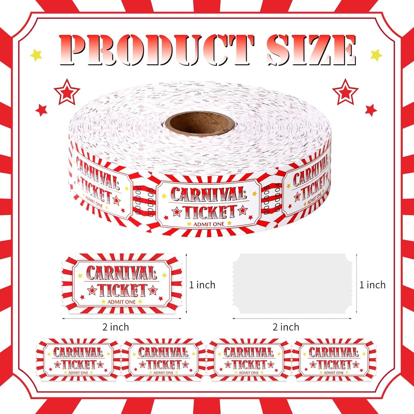 1000 Pcs Carnival Tickets Carnival Theme Party Decorations Circus Red White Color Raffle Tickets Roll Party Ticket for Events Carnival Favors Supplies